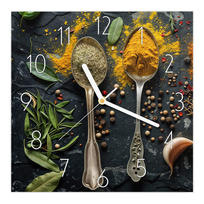 Wanduhr Gewürze Löffel Mix aus Glas – Quadratisch 30 × 30 cm mit Ziffernblatt Elegant
