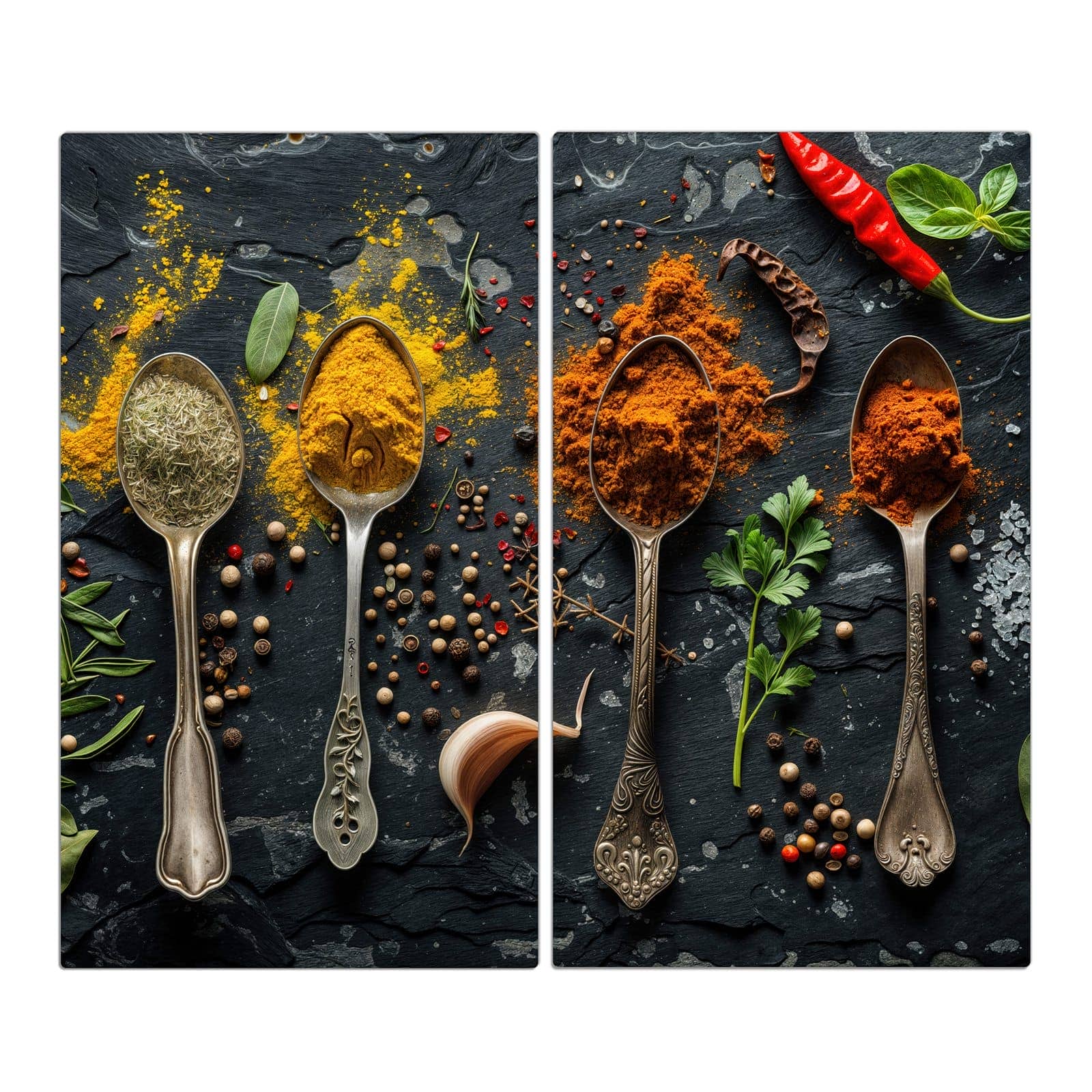 2-teilige Herdabdeckplatte Induktion mit Gewürze Löffel Mix-Motiv in der Frontansicht #grösse_2-Teilig (60x52cm)