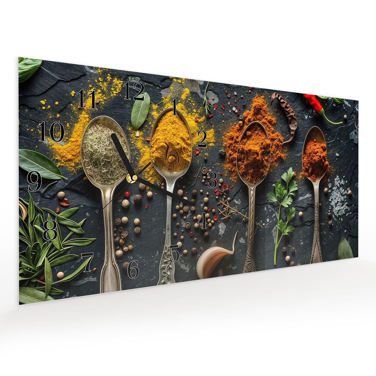 Vormontiert – mit Schwebeeffekt – Wanduhr Gewürze Löffel Mix aus Glas – Querformat 60 × 30 cm