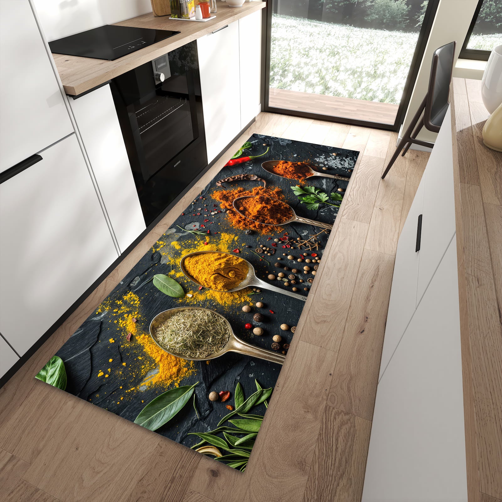 Rutschfester Küchenteppich mit Motiv Gewürze Löffel Mix für Trittkomfort in moderner Küche