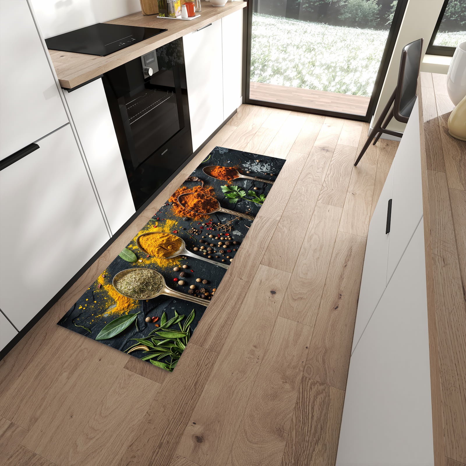 Bodenschonender waschbarer Läufer für die Küche mit Motiv Gewürze Löffel Mix in moderner Küche