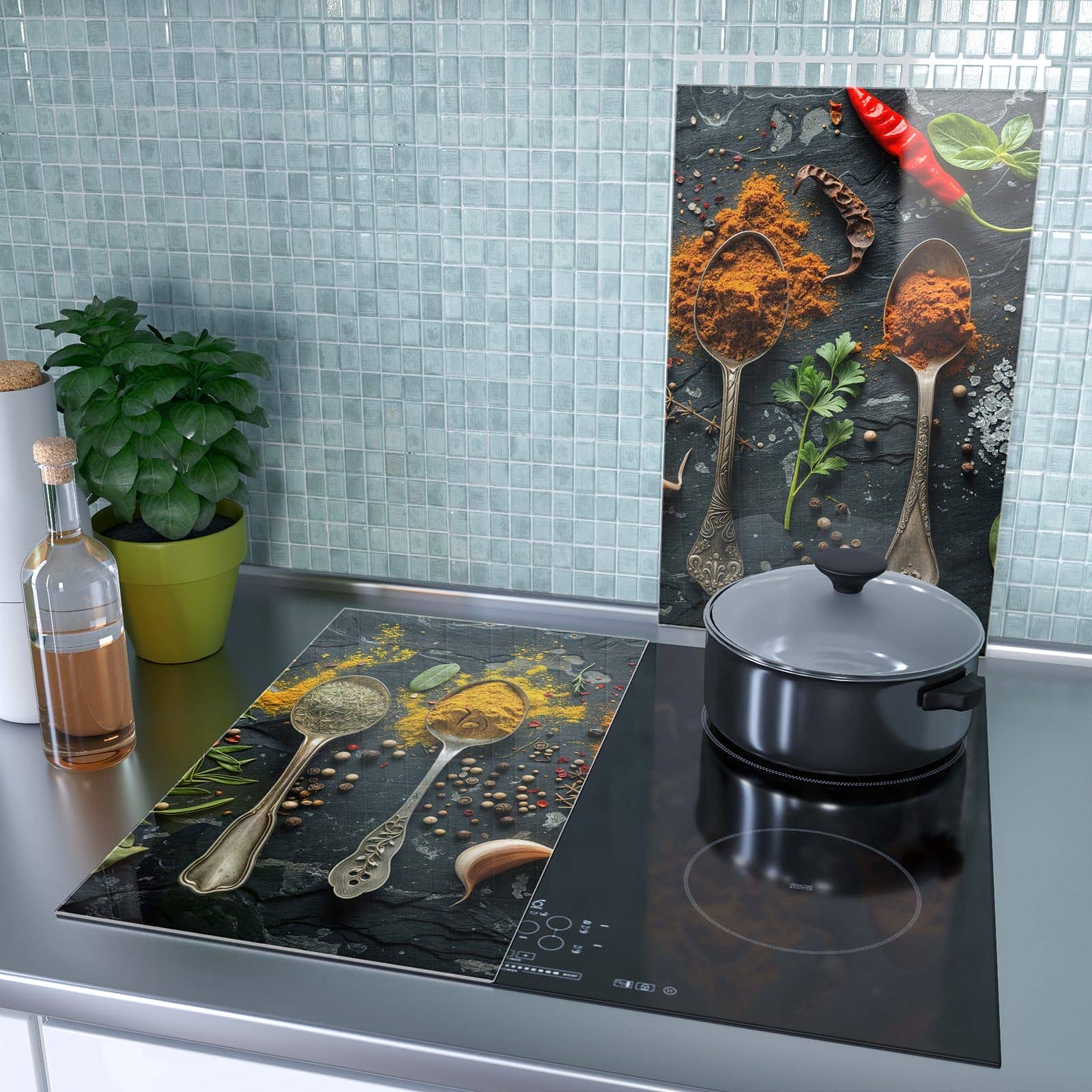1-teilige Herdabdeckung aus Glas mit Gewürze Löffel Mix-Motiv als Spritzschutz hinter dem Kochfeld