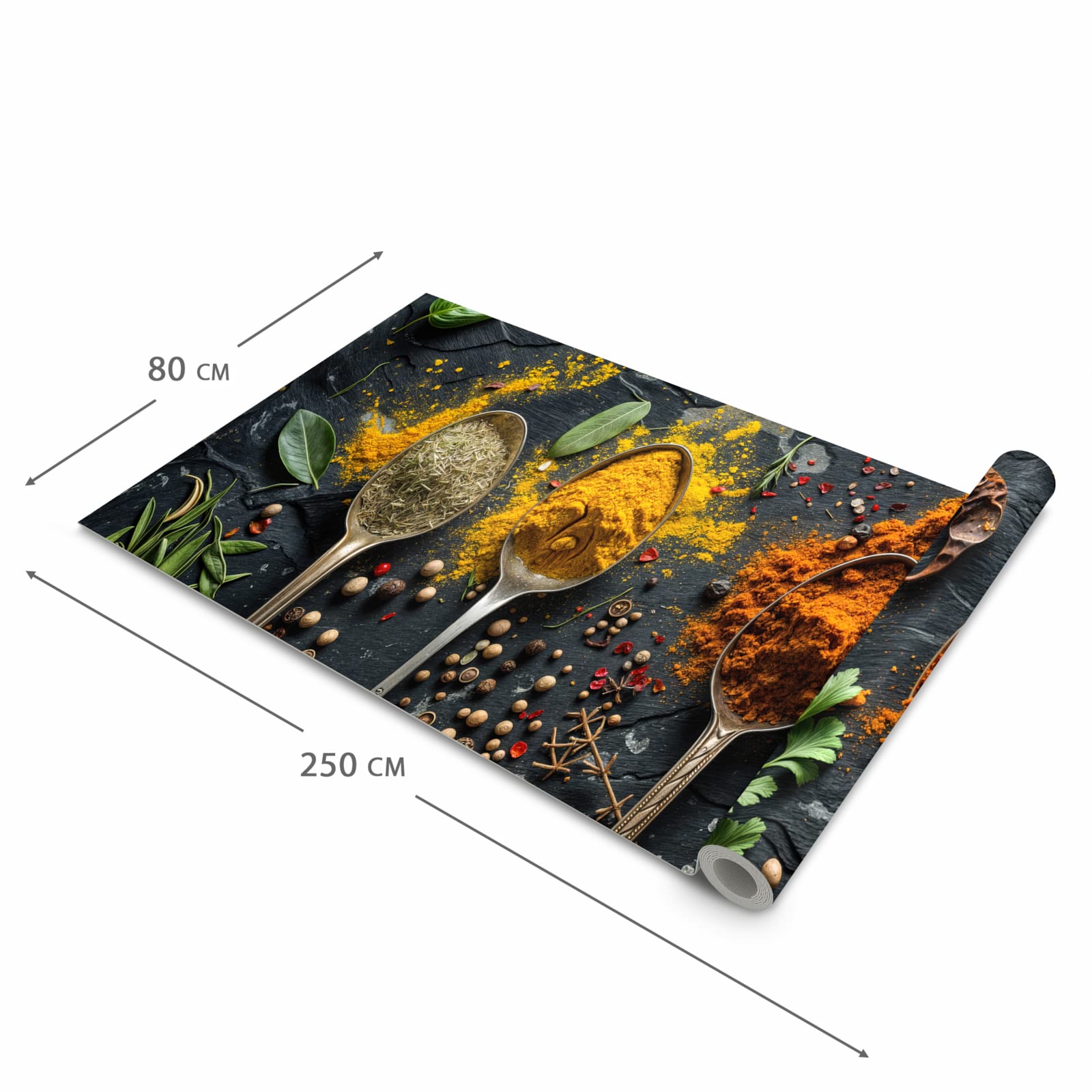 Waschbarer Küchenläufer mit Motiv Gewürze Löffel Mix in der Größe 60x120 cm, angenehme Haptik