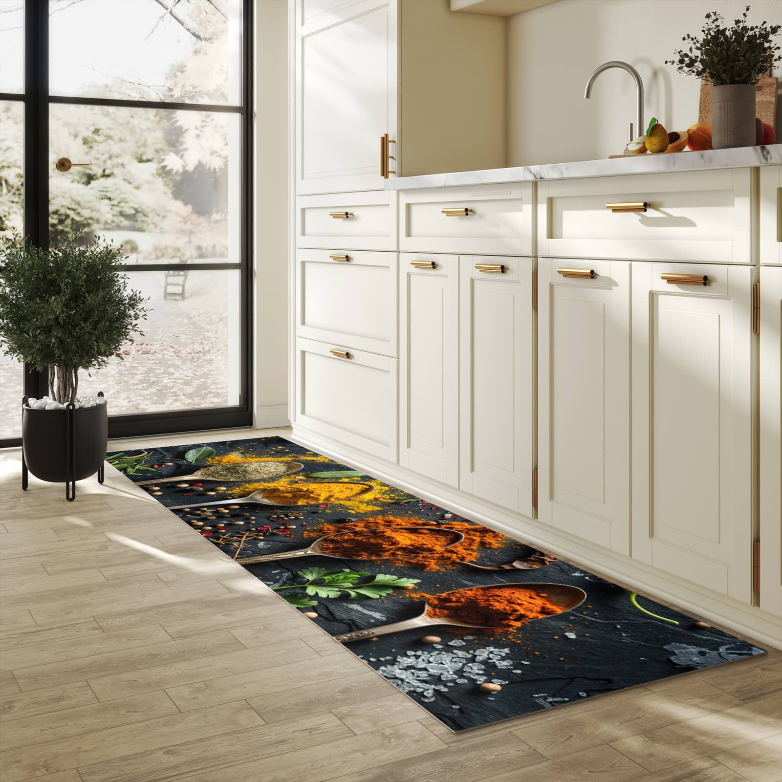 Bodenschonender Küchenteppich mit Motiv Gewürze Löffel Mix in heller Küche