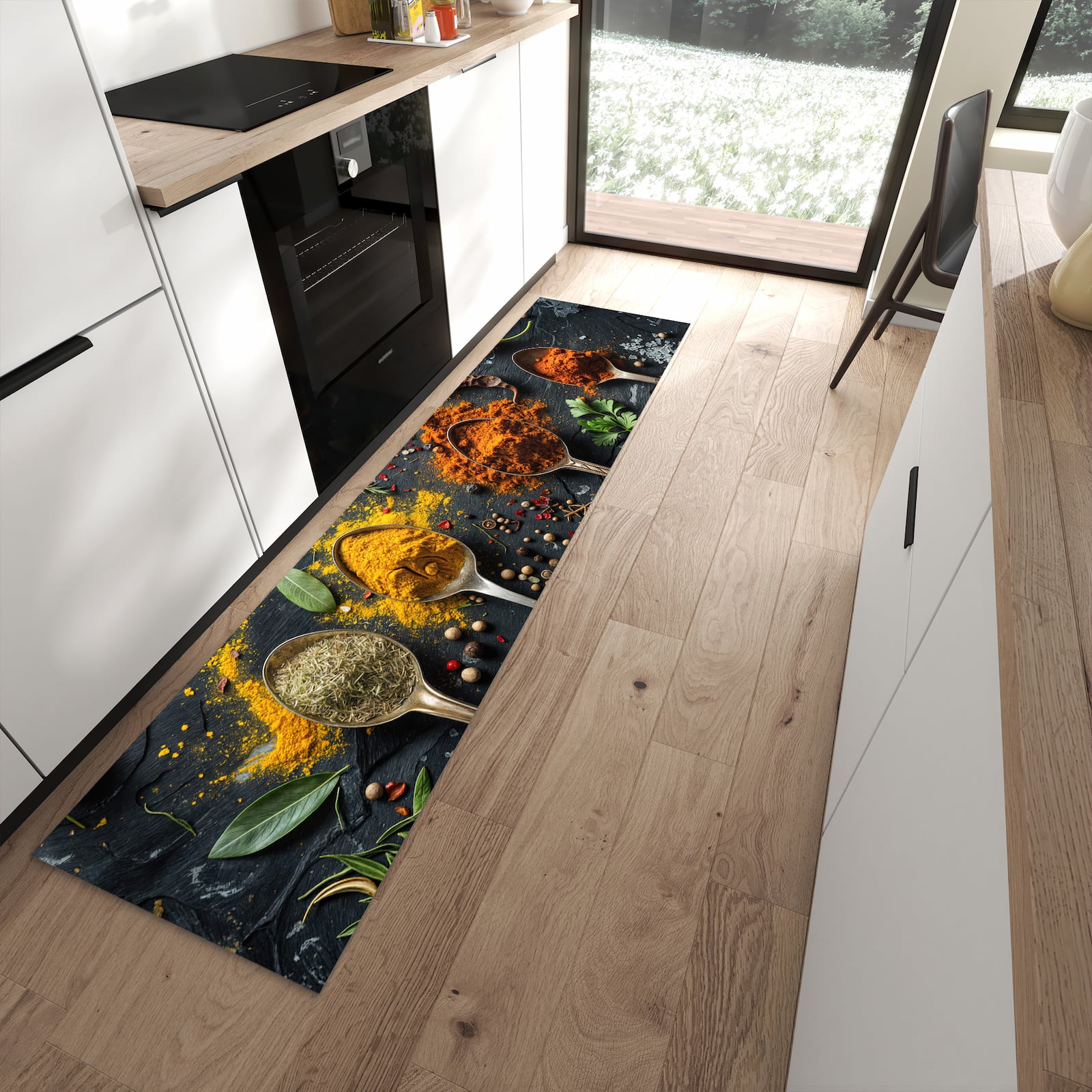 Waschbarer Küchenläufer mit Motiv Gewürze Löffel Mix für Ordnung in moderner Küche