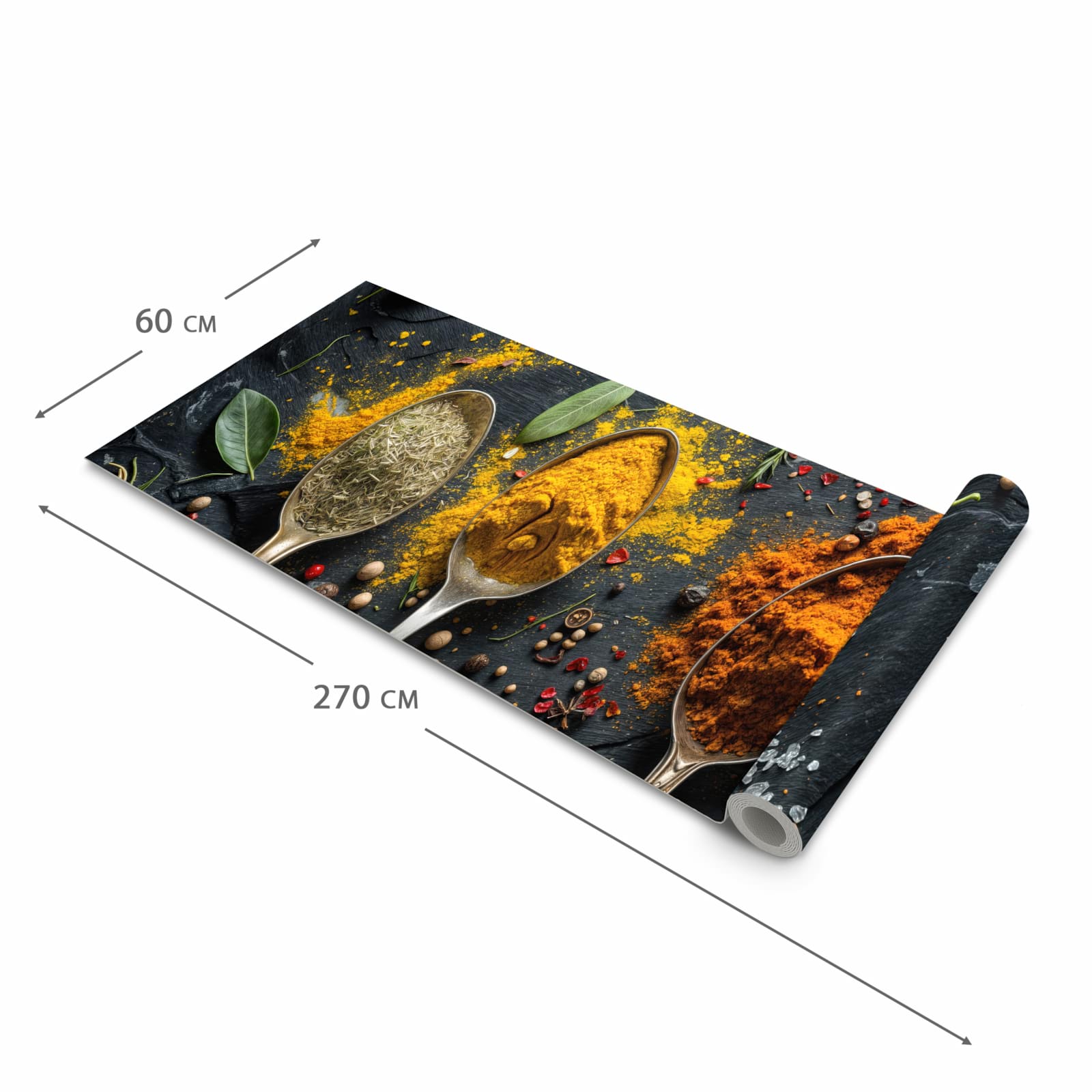 Pflegeleichter rutschfester Küchenteppich mit Motiv Gewürze Löffel Mix in der Grösse 60x120 cm