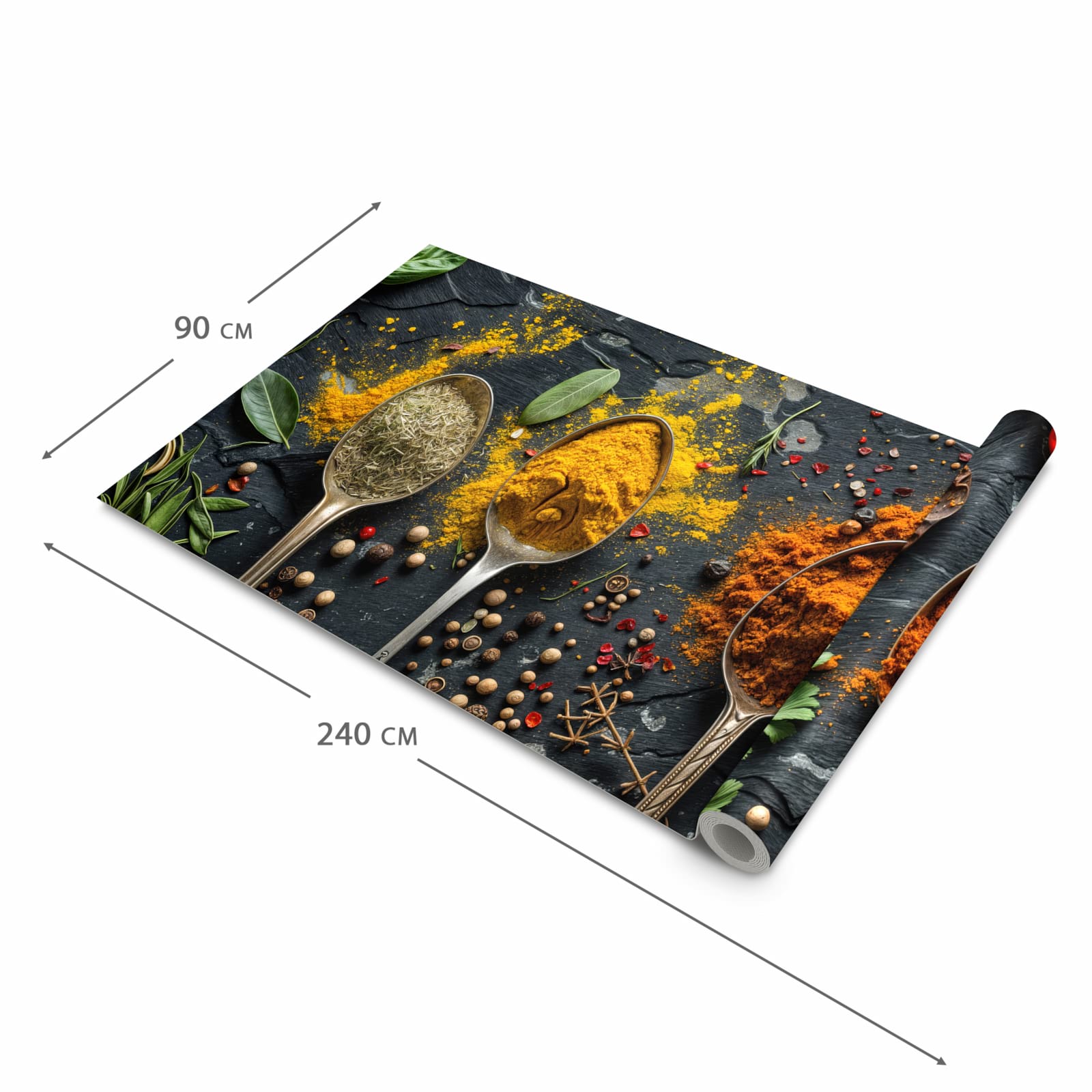 Langlebiger waschbarer Küchenläufer mit Motiv Gewürze Löffel Mix in der Grösse 60x120 cm