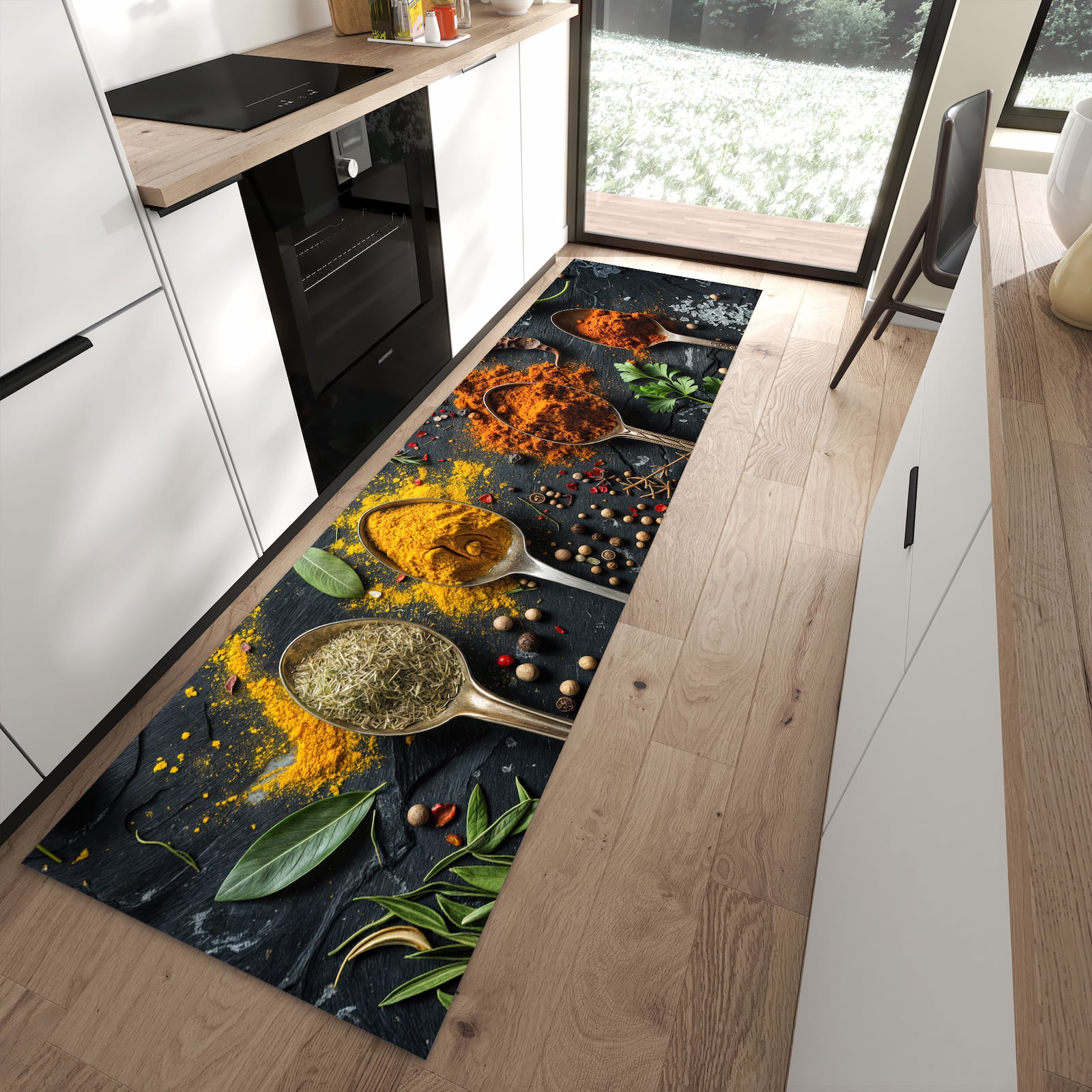 Geräuschdämpfender dünner Küchenteppich mit Motiv Gewürze Löffel Mix in moderner Küche