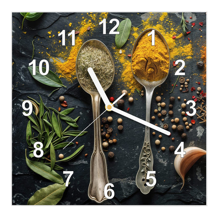 Wanduhr Gewürze Löffel Mix aus Glas – Quadratisch 30 × 30 cm mit Ziffernblatt Modern