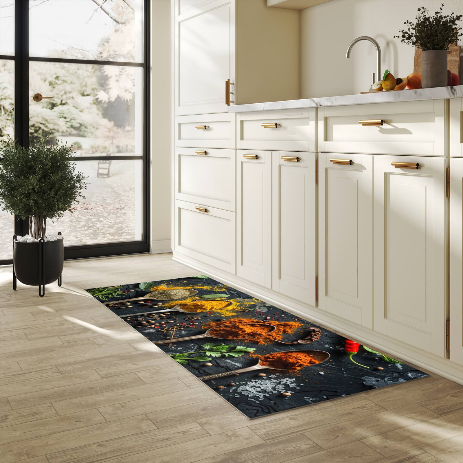 Bodenschonender Küchenteppich mit Motiv Gewürze Löffel Mix in heller Küche