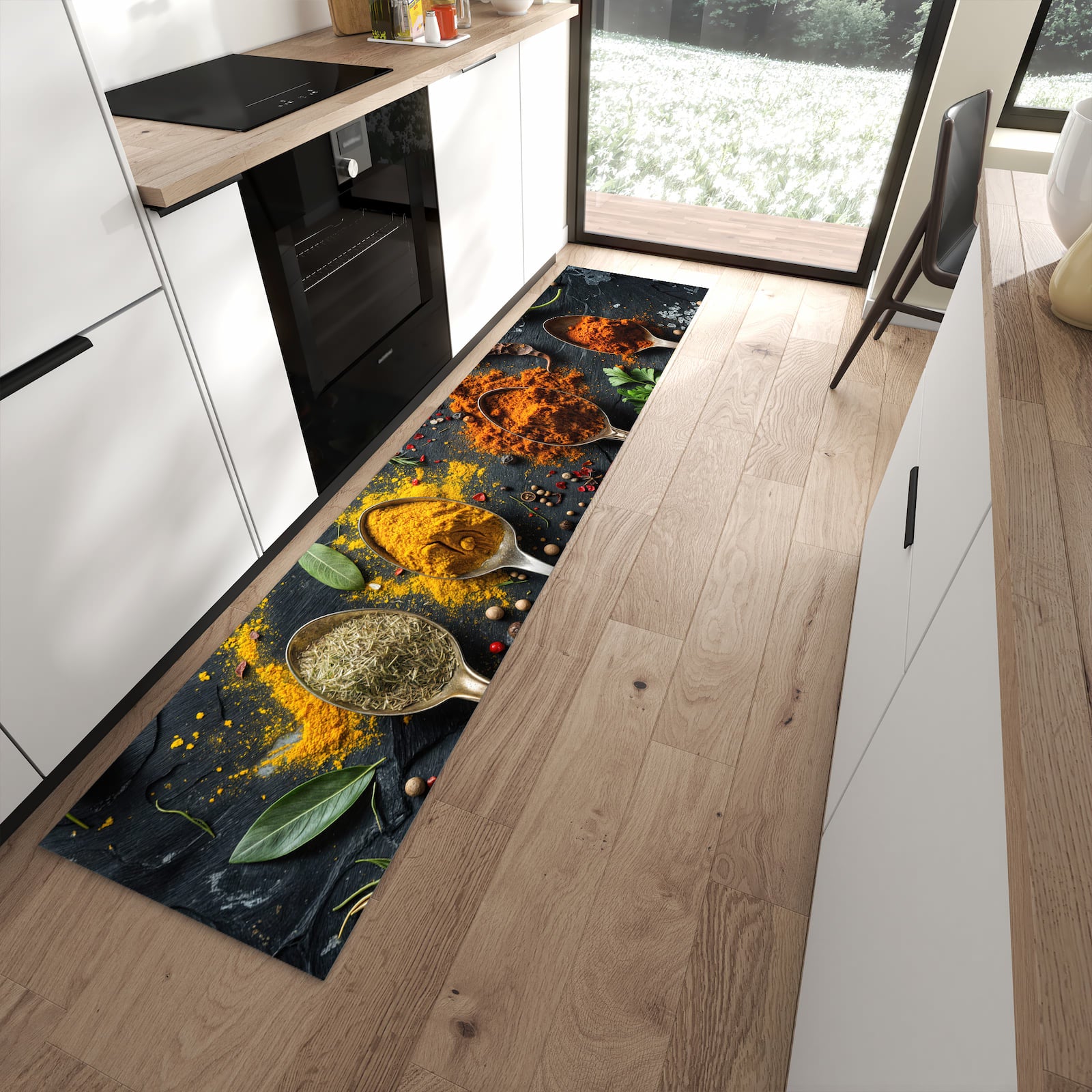 Bodenschonender langer Teppich mit Motiv Gewürze Löffel Mix in moderner Küche