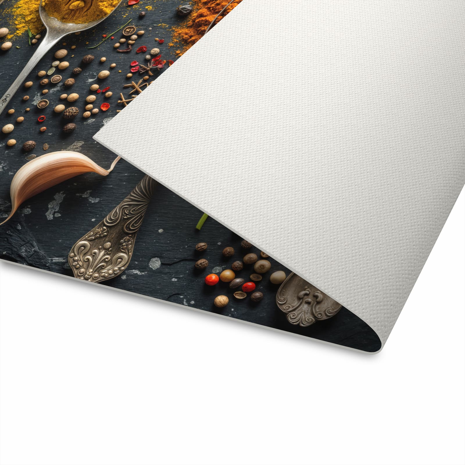 Strapazierfähiger Küchenvorleger mit Motiv Gewürze Löffel Mix auf der Unterseite