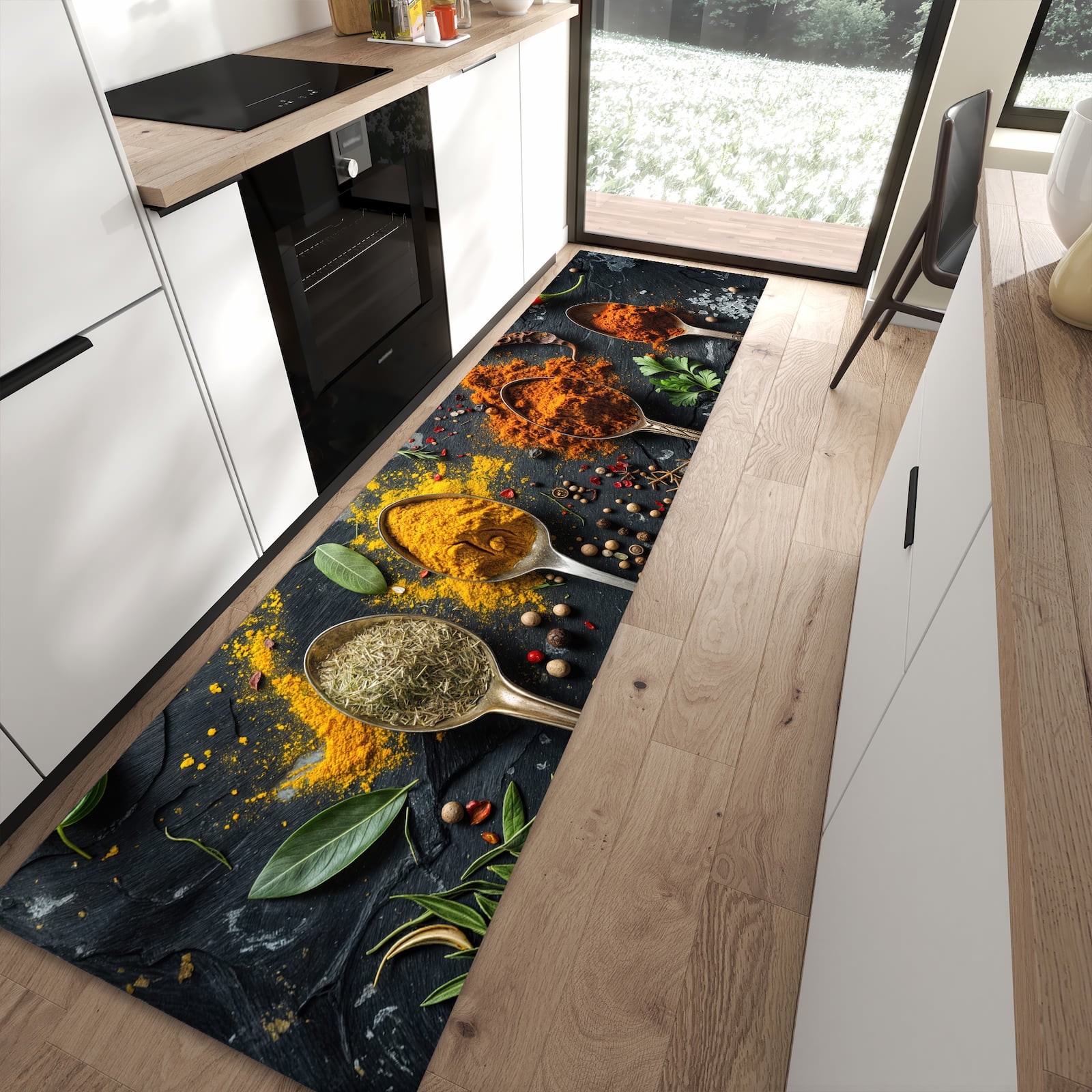 Abriebfester waschbarer Teppich fürs Esszimmer mit Motiv Gewürze Löffel Mix in moderner Küche