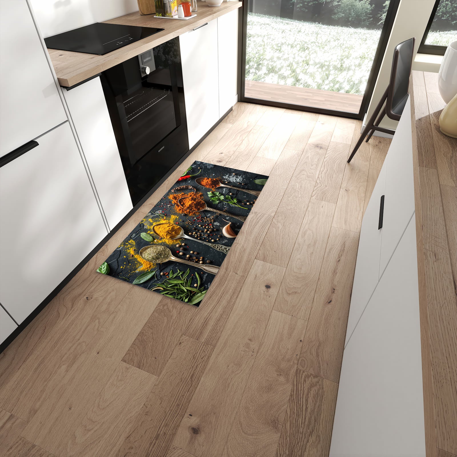 Rutschfester Küchenläufer mit Motiv Gewürze Löffel Mix in moderner Küche #grösse_60 x 120 cm