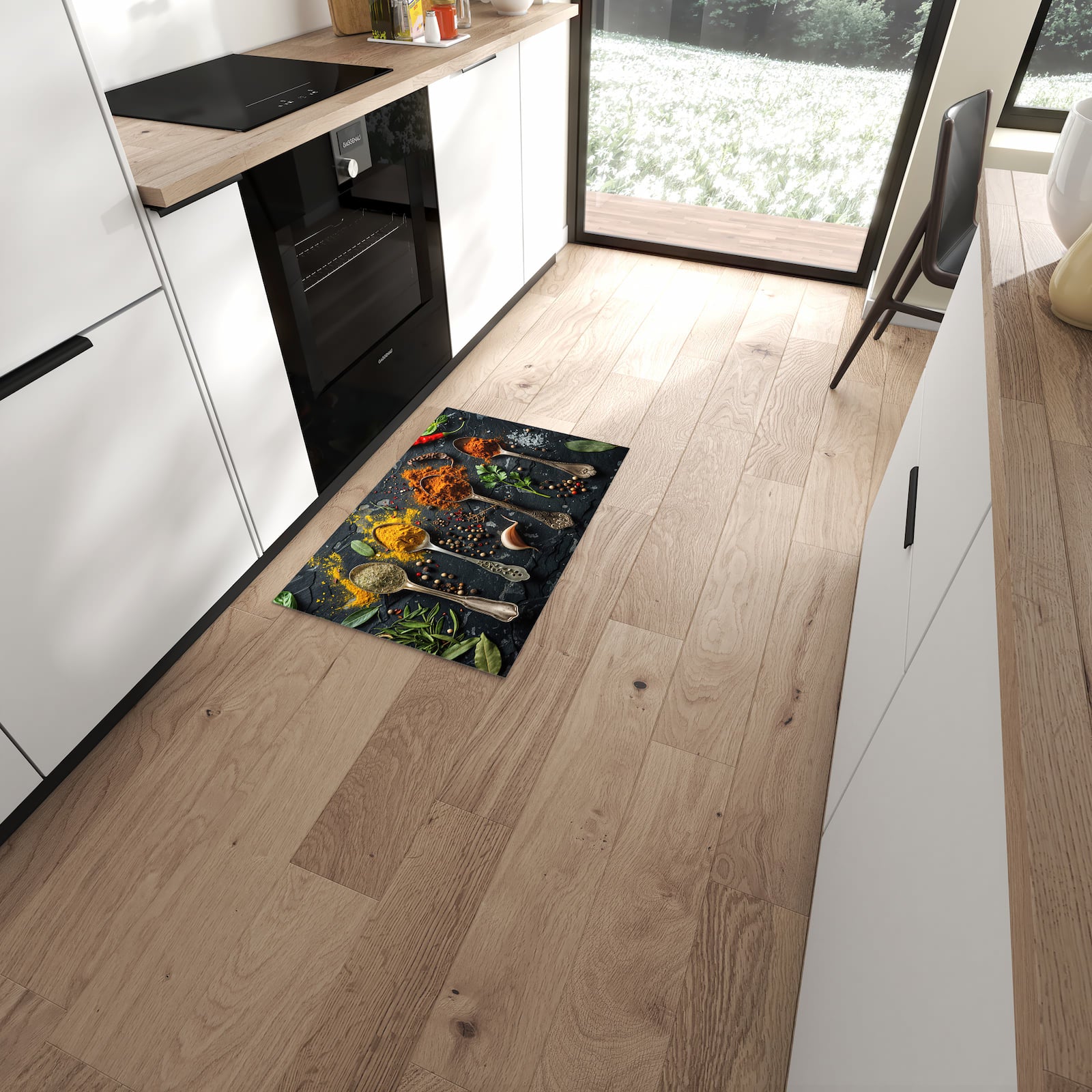Formstabiler Läufer mit Motiv Gewürze Löffel Mix in moderner Küche für rutschfesten Stand