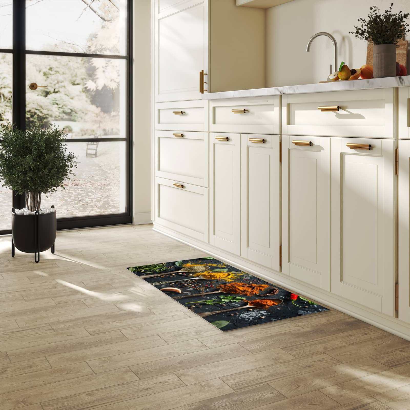 Abwaschbarer Küchenläufer mit Motiv Gewürze Löffel Mix in heller Küche für angenehme Haptik