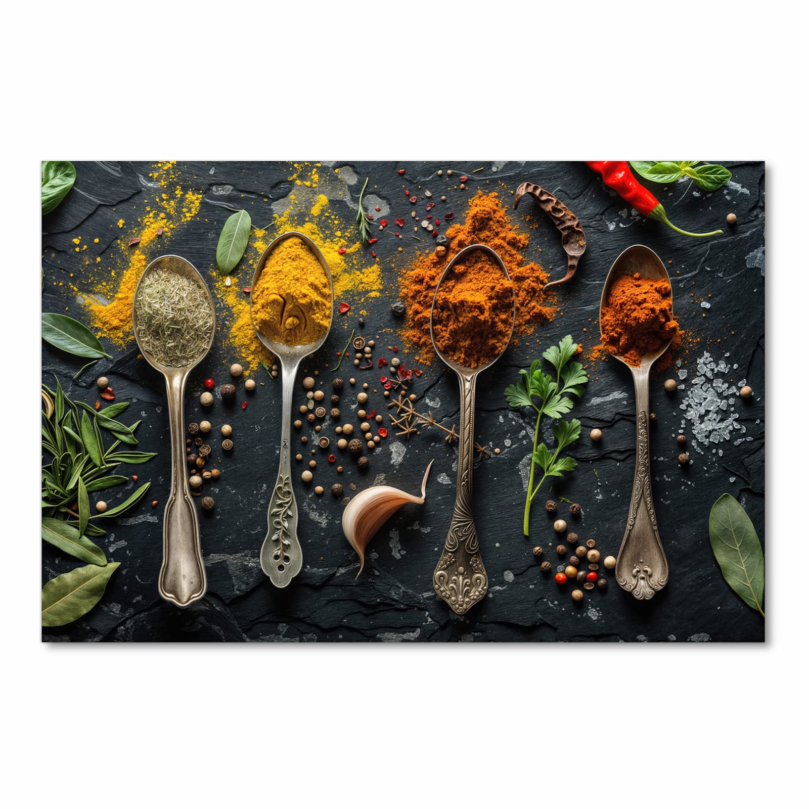Rutschfester Küchenläufer mit Motiv Gewürze Löffel Mix in Frontansicht für sicheren Stand