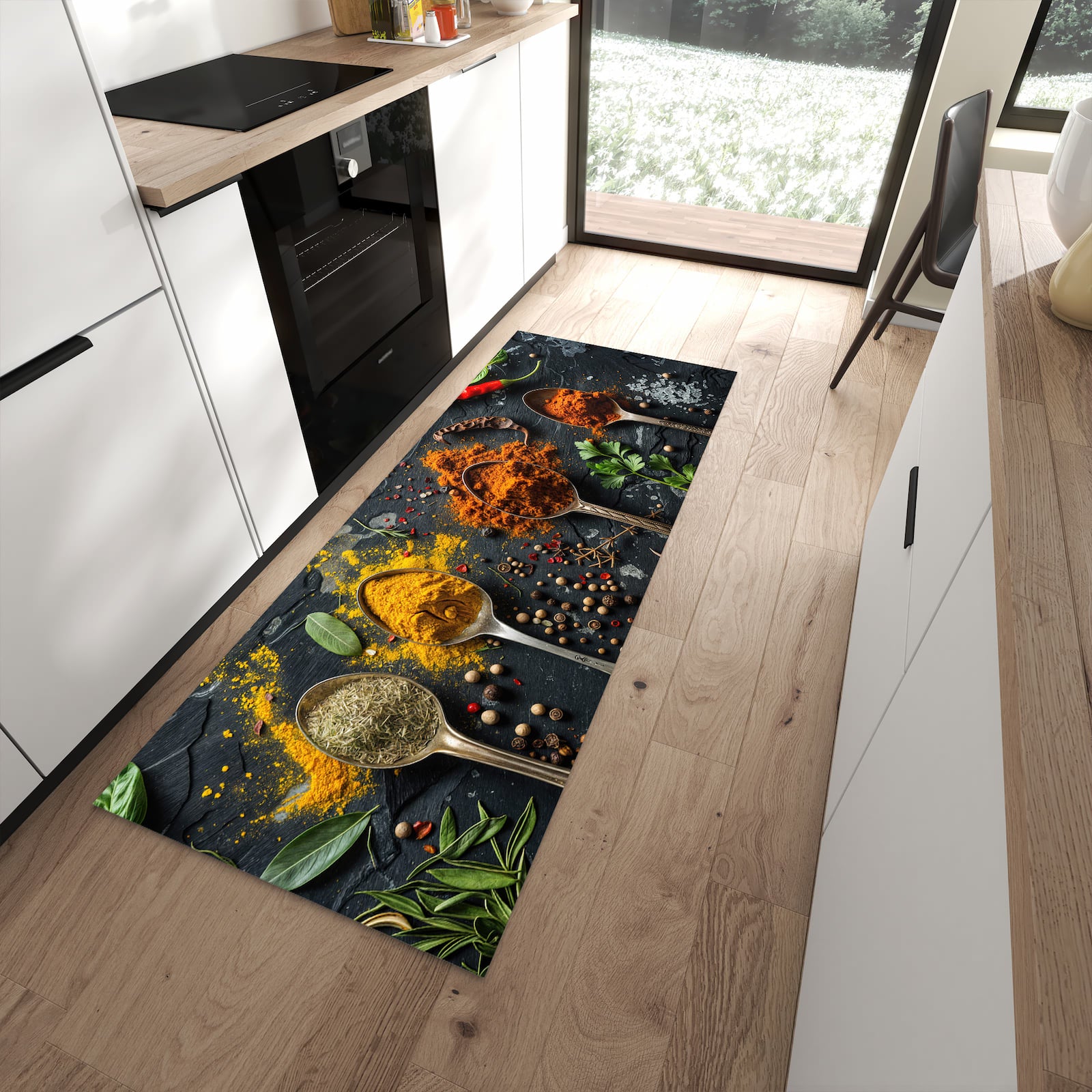 Dünner Küchenteppich mit Motiv Gewürze Löffel Mix in moderner Küche für sicheres Aufbewahren