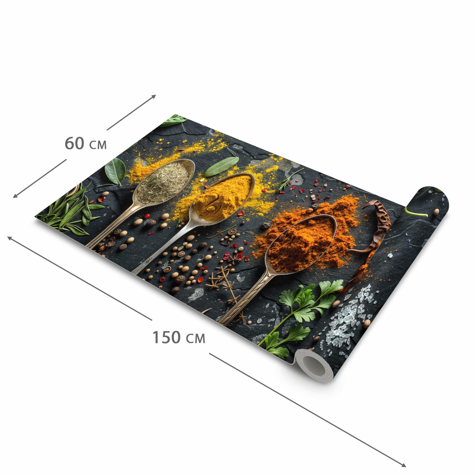 Geruchsneutraler Küchenteppich mit Motiv Gewürze Löffel Mix in der Grösse 60x120 cm zum Waschen