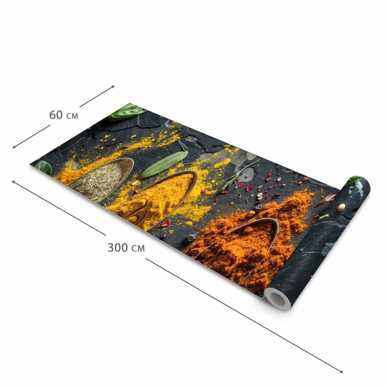 Komfortabler waschbarer Küchenteppich mit Motiv Gewürze Löffel Mix in der Grösse 60x120 cm