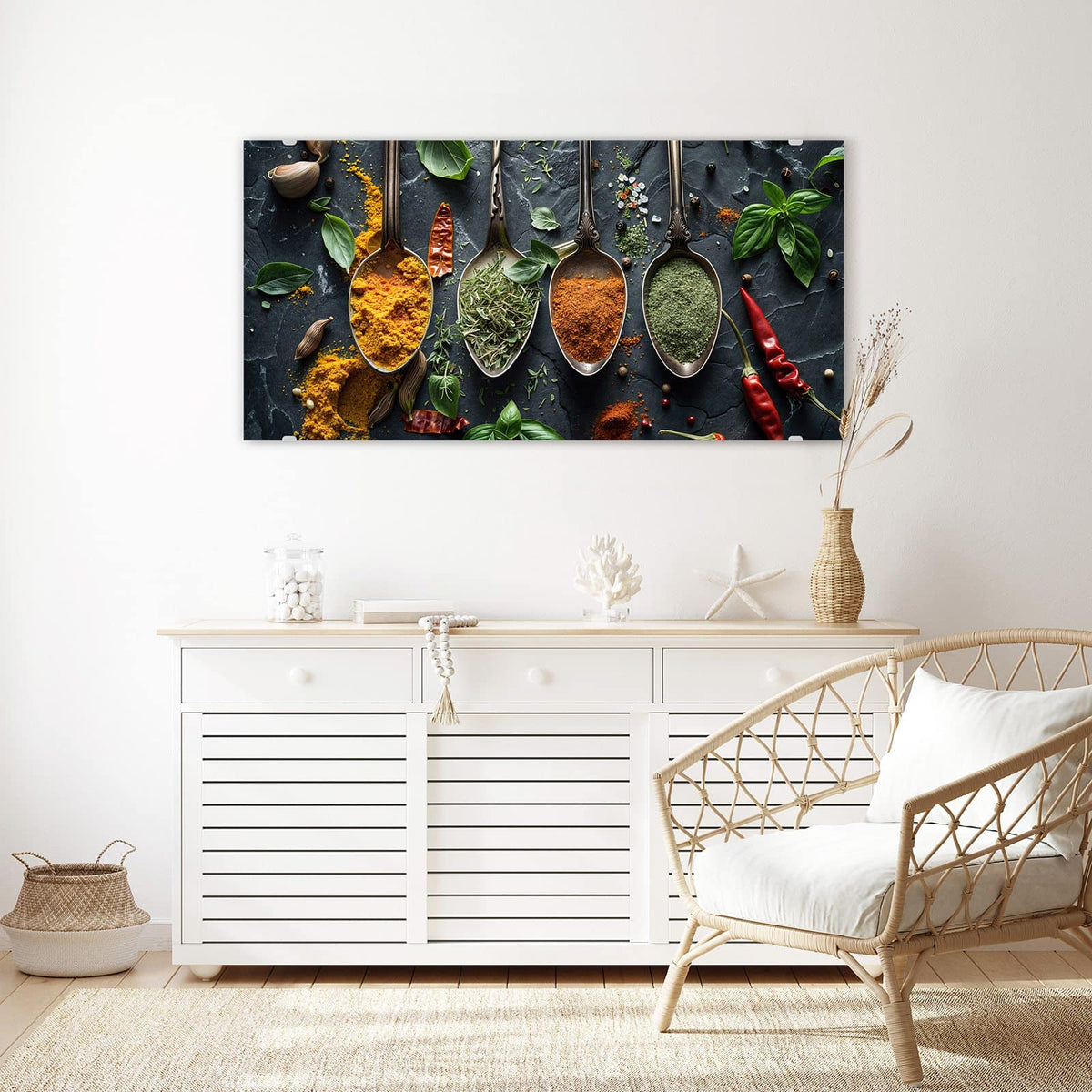 Echtglas, 4 mm – kein Acryl, keine Folie – Wandbild - Gewürze auf Schiefer - Querformat