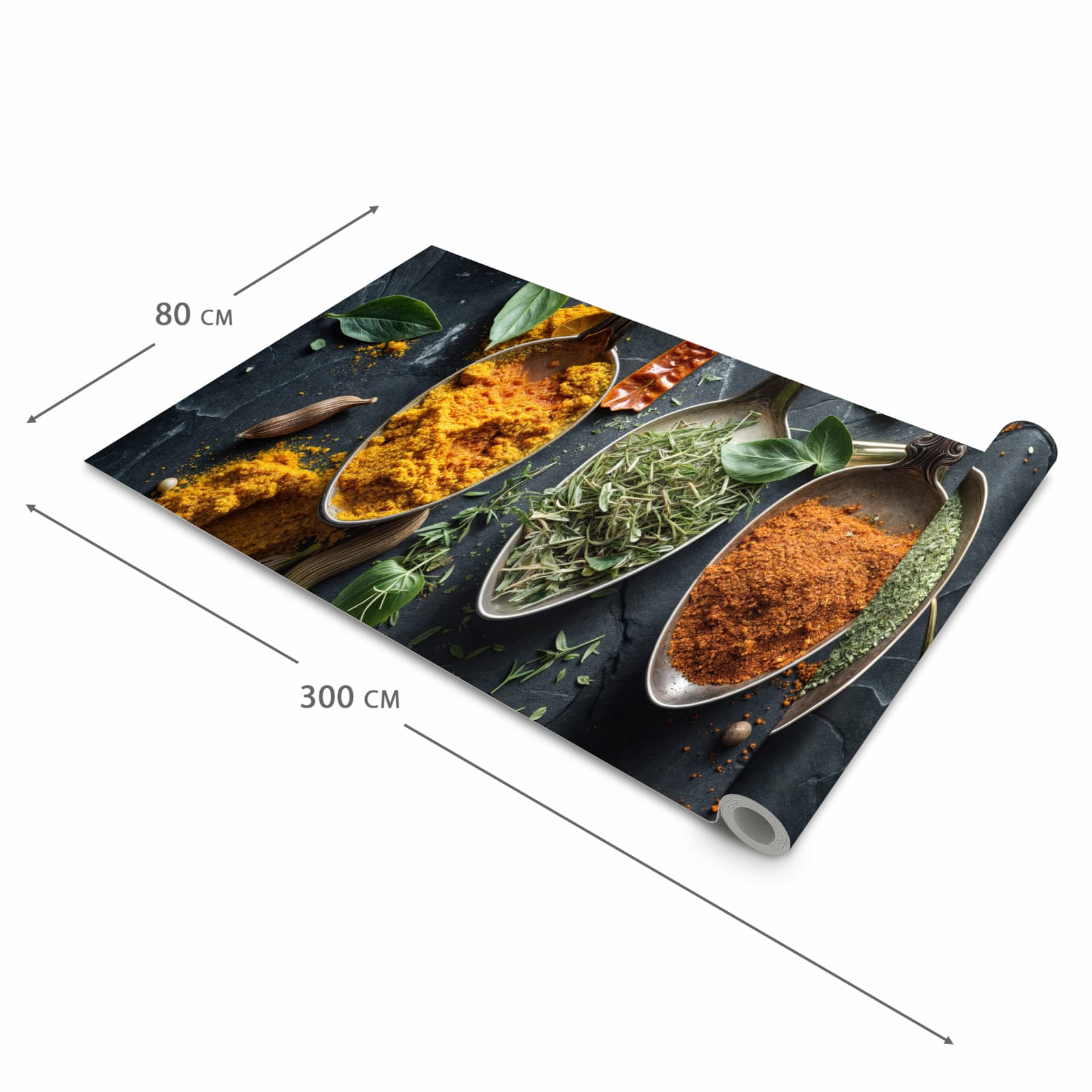 Abriebfester rutschfester Küchenläufer mit Motiv Kräuter Gewürze in der Größe 90x240 cm