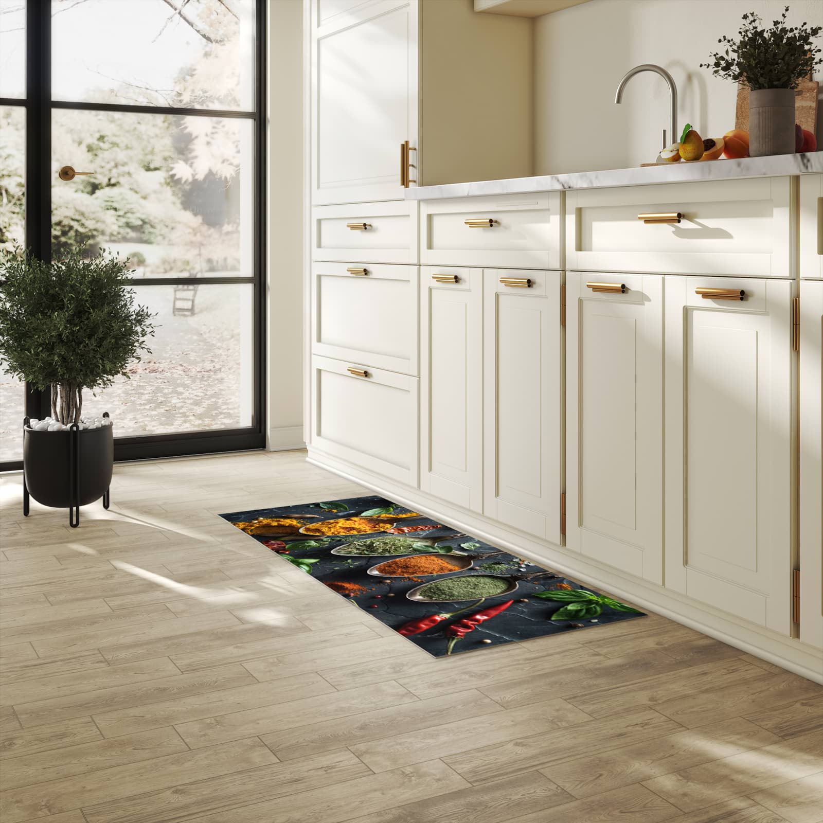 UV-beständiger Küchenläufer mit Motiv Kräuter Gewürze in heller Küche