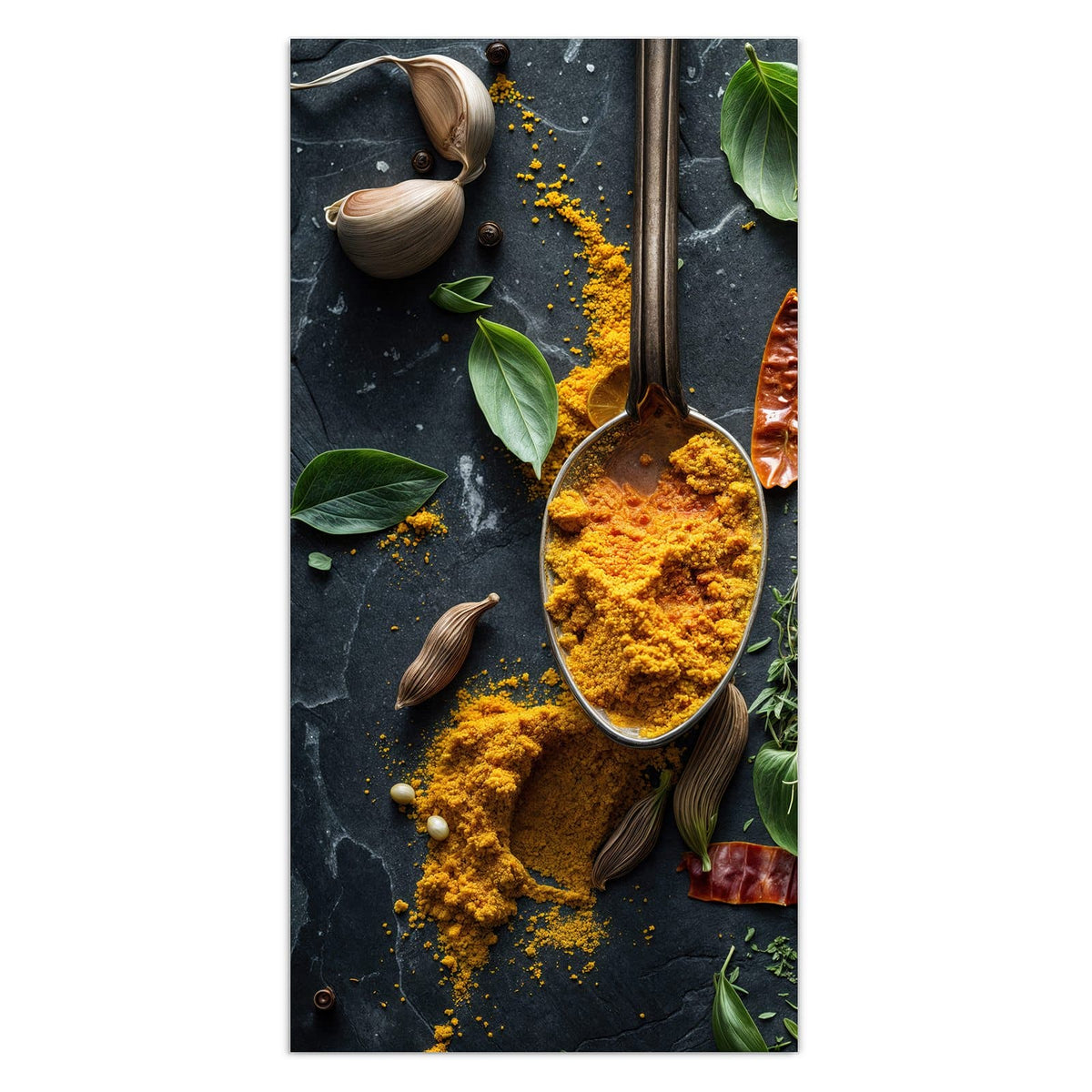 Vier verzierte Silberlöffel mit Kurkuma, Thymian, Paprika und Kräutern auf dunklem Schiefer