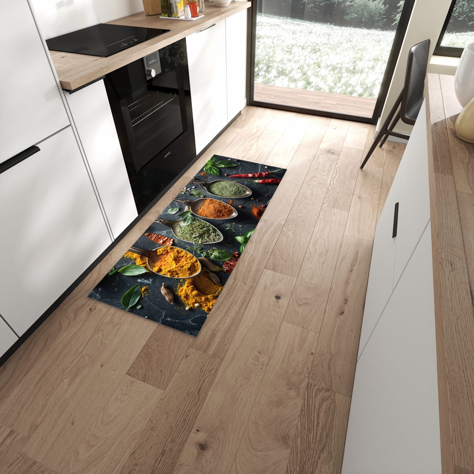 Geruchsneutraler Küchenteppich mit Motiv Kräuter Gewürze in moderner Küche #grösse_60 x 150 cm