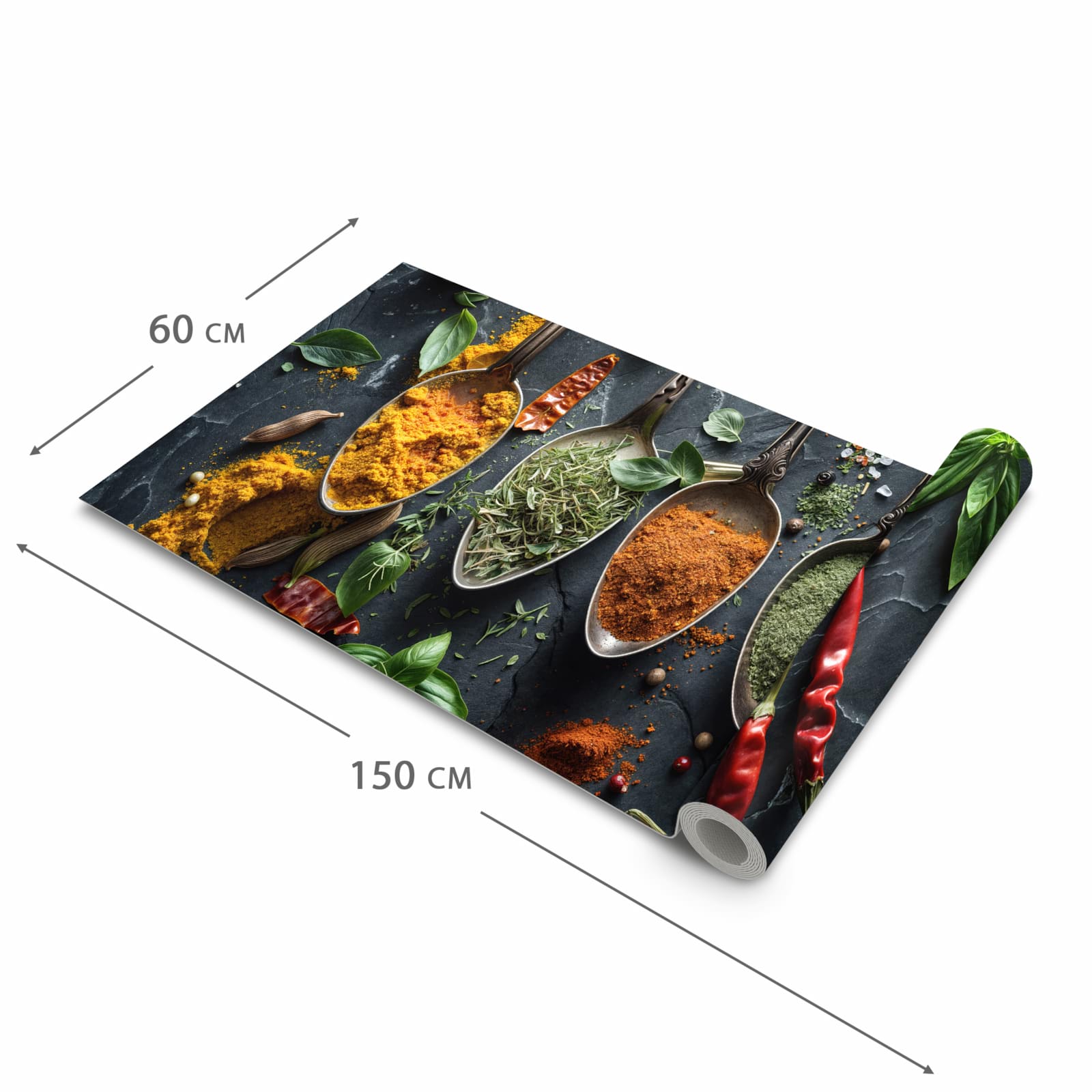 Feuchtigkeitsresistenter Küchenteppich mit Motiv Kräuter Gewürze in der Größe 90x240 cm