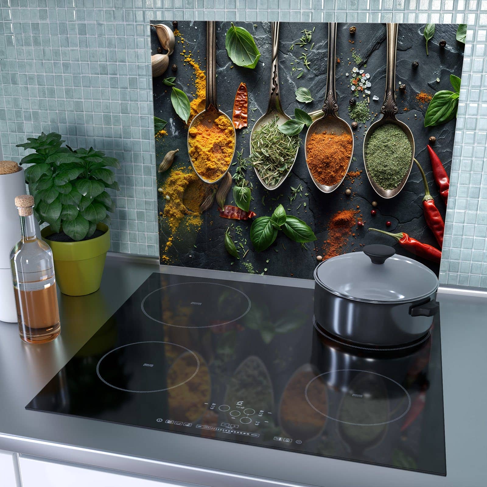 1-teilige Herdabdeckplatte mit Kräuter Gewürze-Motiv als Spritzschutz hinter dem Kochfeld