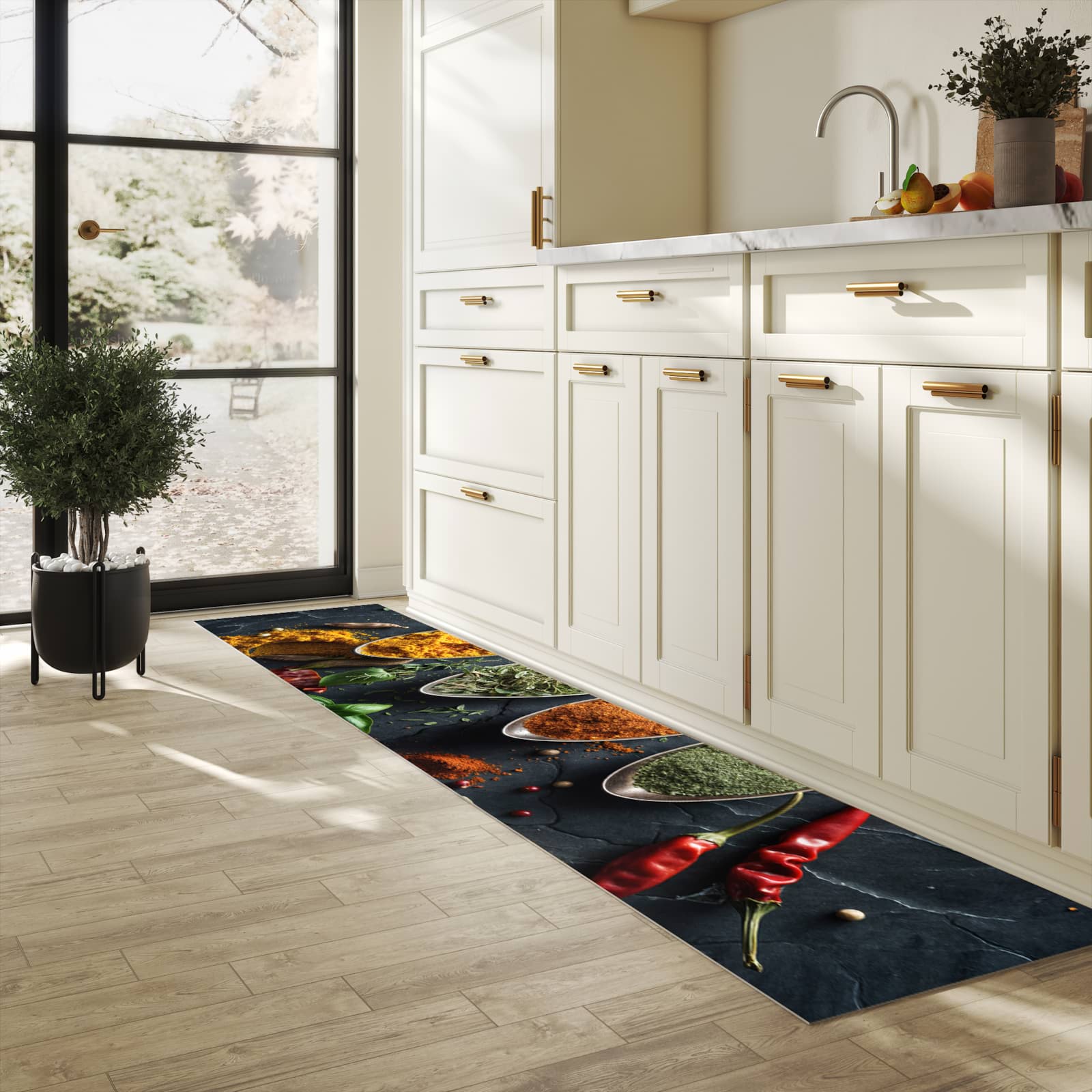 Schmutzabweisender rutschfester Küchenläufer mit Motiv Kräuter Gewürze in heller Küche