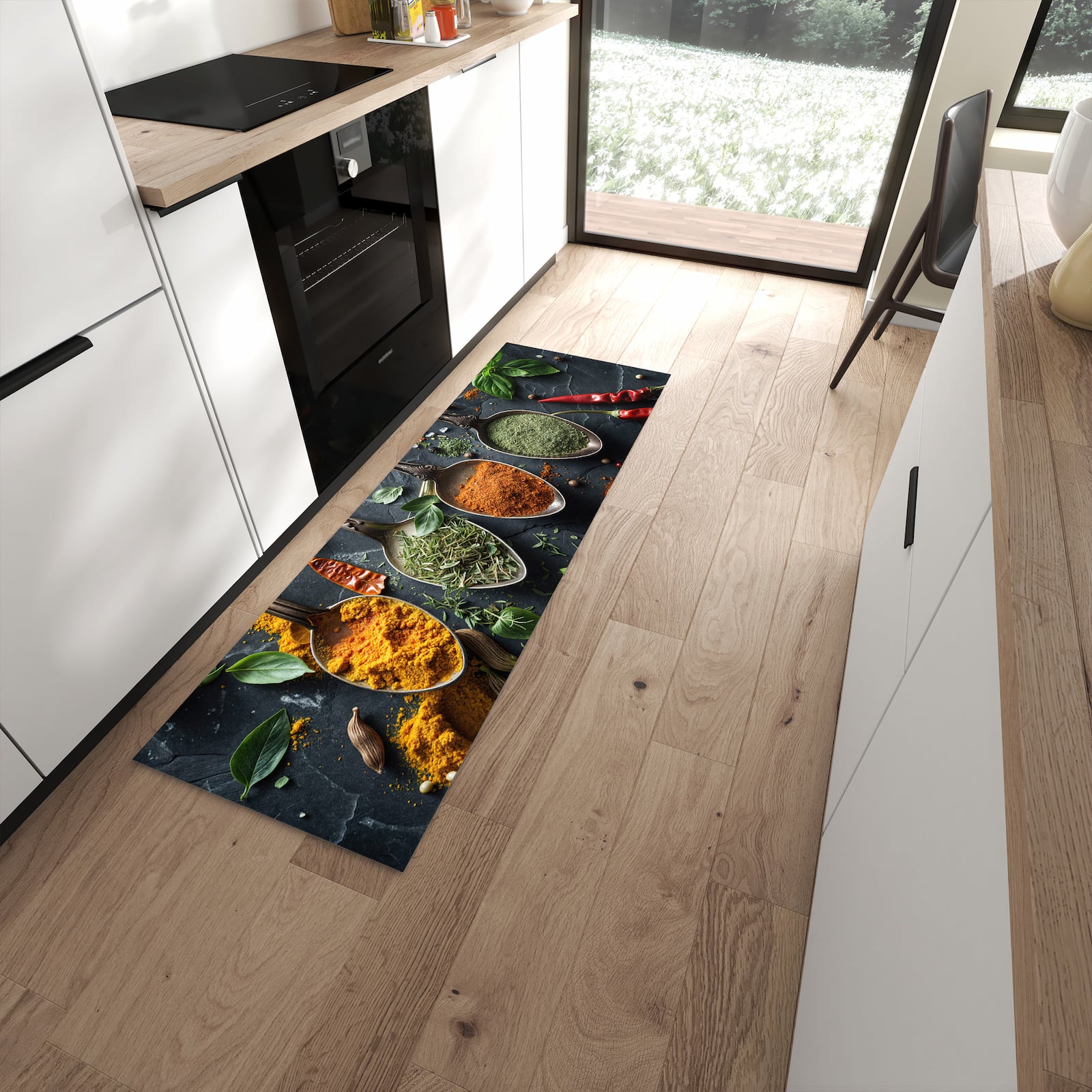 Langlebiger Küchenteppich mit Motiv Kräuter Gewürze in moderner Küche