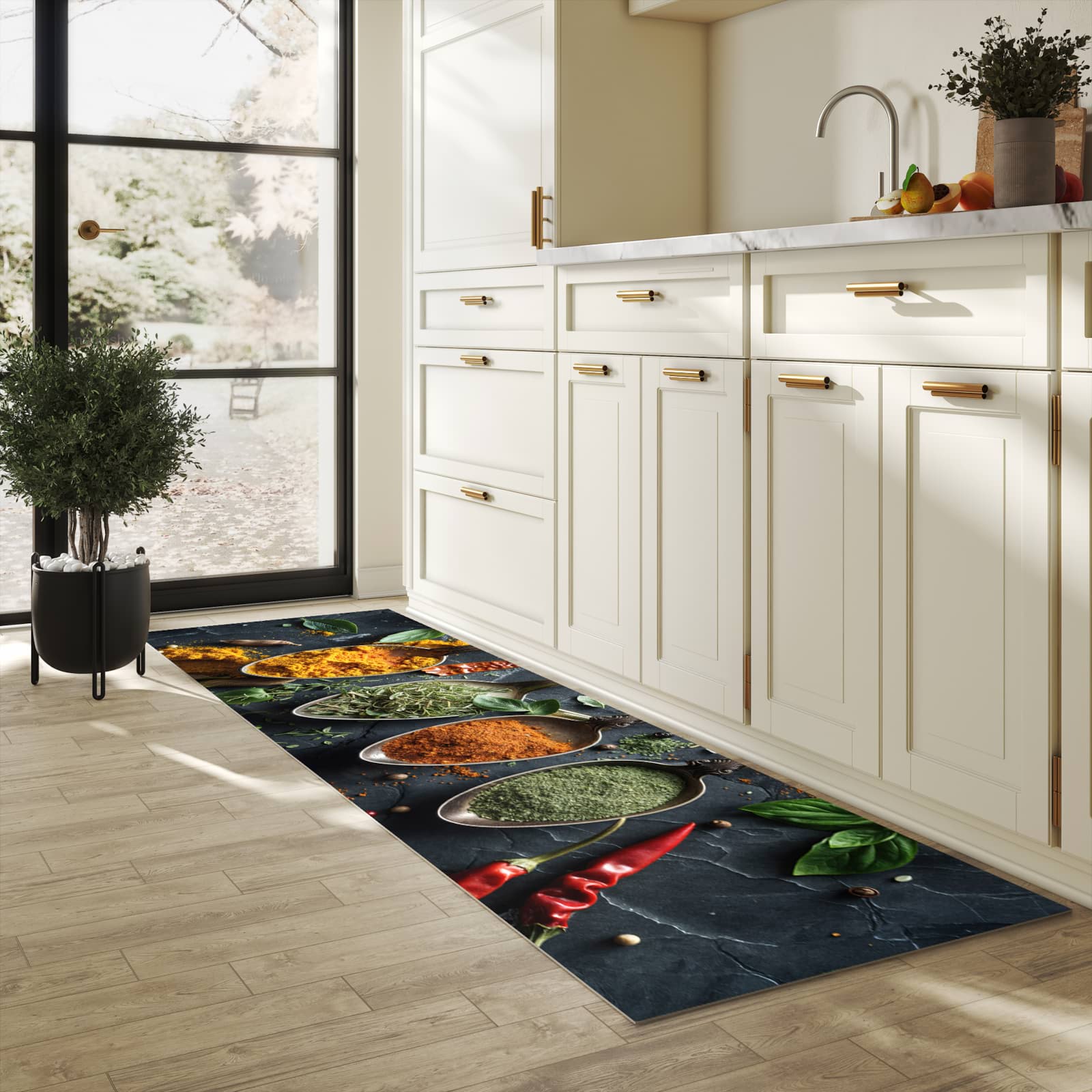 Pflegeleichter moderner Küchenläufer mit Motiv Kräuter Gewürze in heller Küche