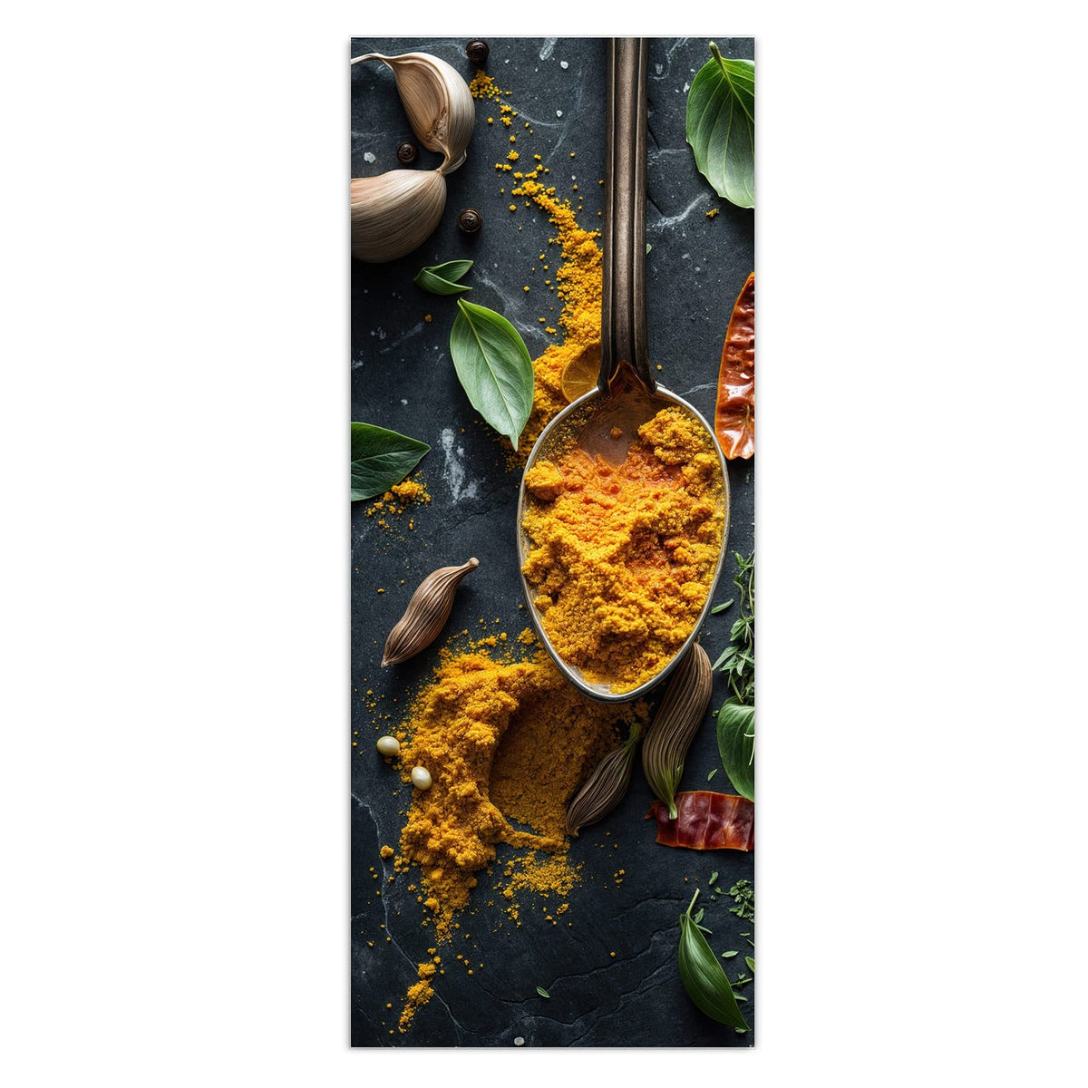 Vier verzierte Silberlöffel mit Kurkuma, Thymian, Paprika und Kräutern auf dunklem Schiefer