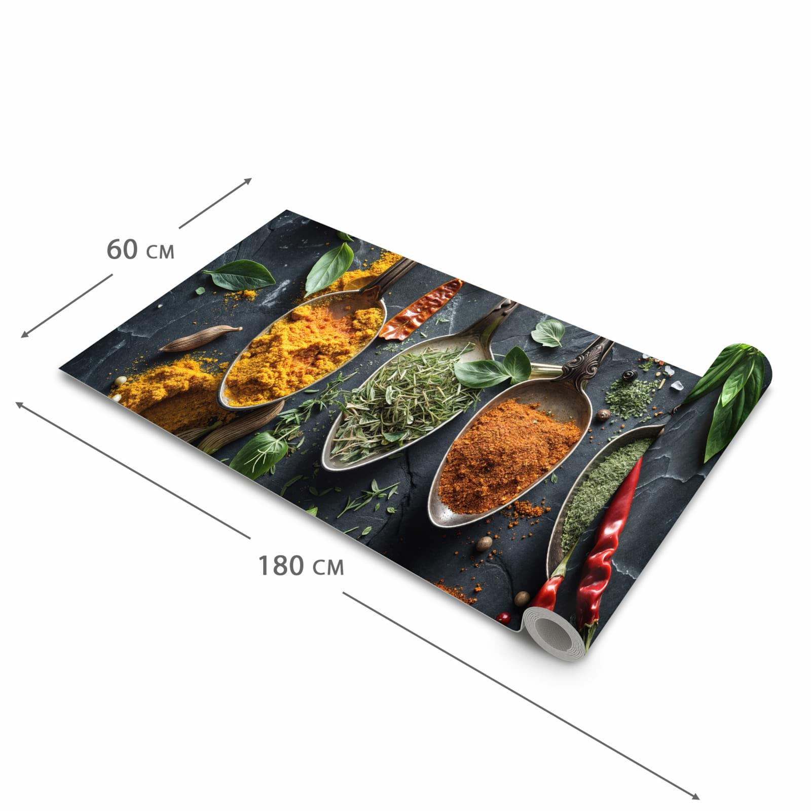 Bodenschonender Küchenteppich mit Motiv Kräuter Gewürze in der Grösse 90x240 cm, waschbar