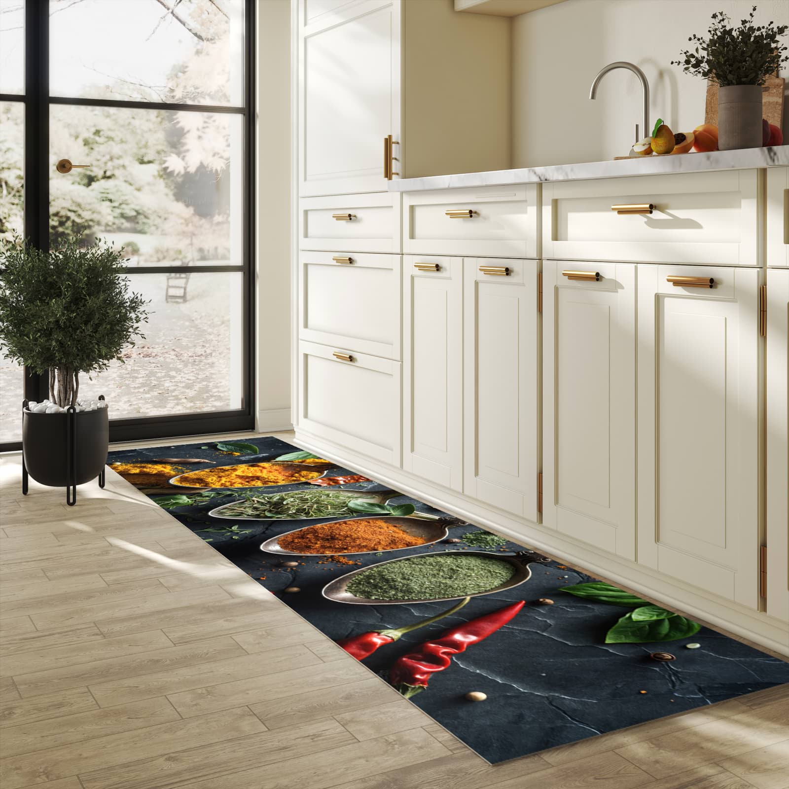 Komfortabler Küchenläufer nach Maß mit Motiv Kräuter Gewürze in heller Küche