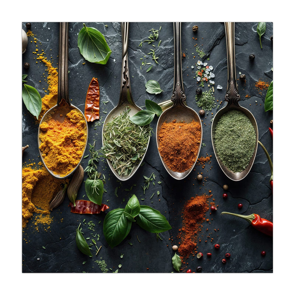 Vier verzierte Silberlöffel mit Kurkuma, Thymian, Paprika und Kräutern auf dunklem Schiefer