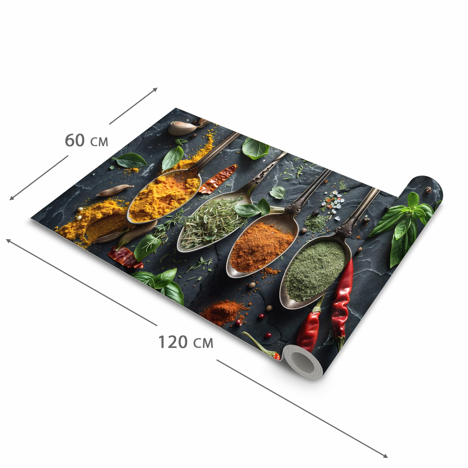 Rutschfester Küchenteppich mit Motiv Kräuter Gewürze in der Größe 90x240 cm