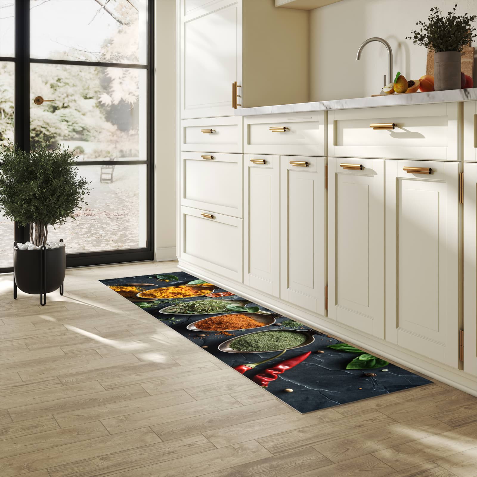 Wasserabweisender Küchenläufer mit Motiv Kräuter Gewürze in heller Küche