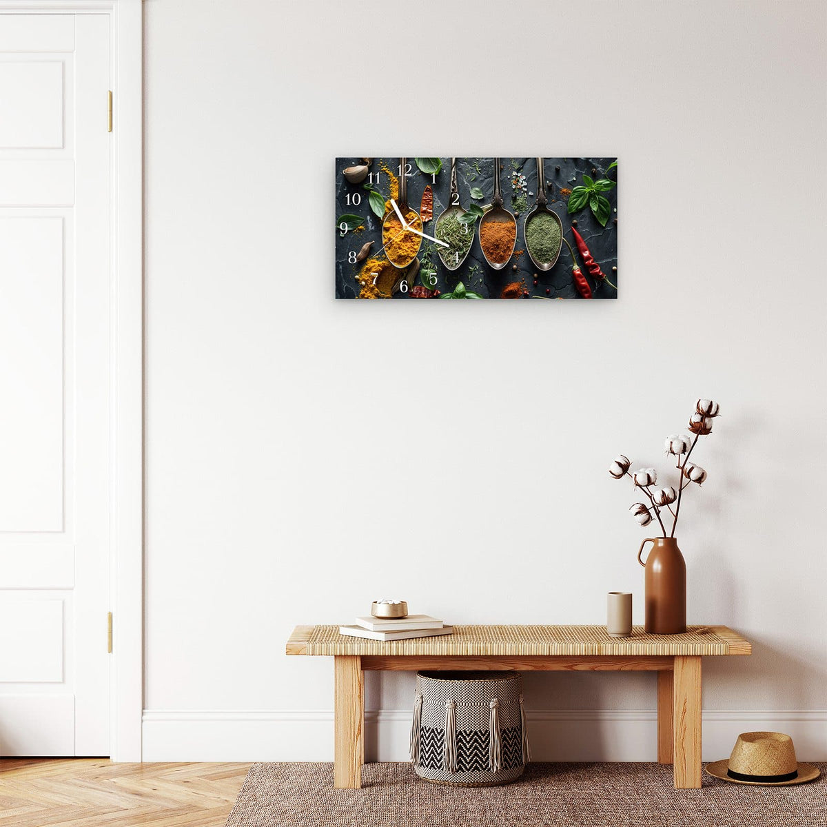 Moderne Wanduhr aus Glas mit Farbtiefe – Wanduhr Kräuter Gewürze aus Glas – Querformat 60 × 30 cm