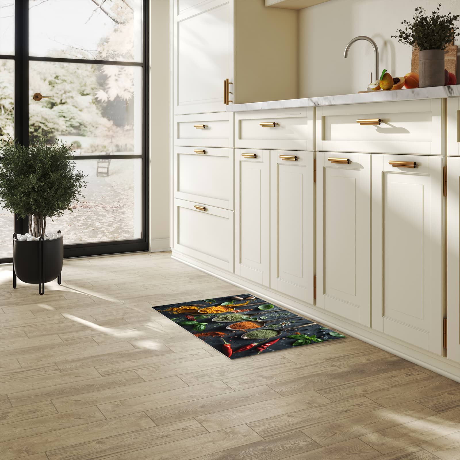 Geruchsneutraler rutschfester Küchenläufer mit Motiv Kräuter Gewürze in heller Küche
