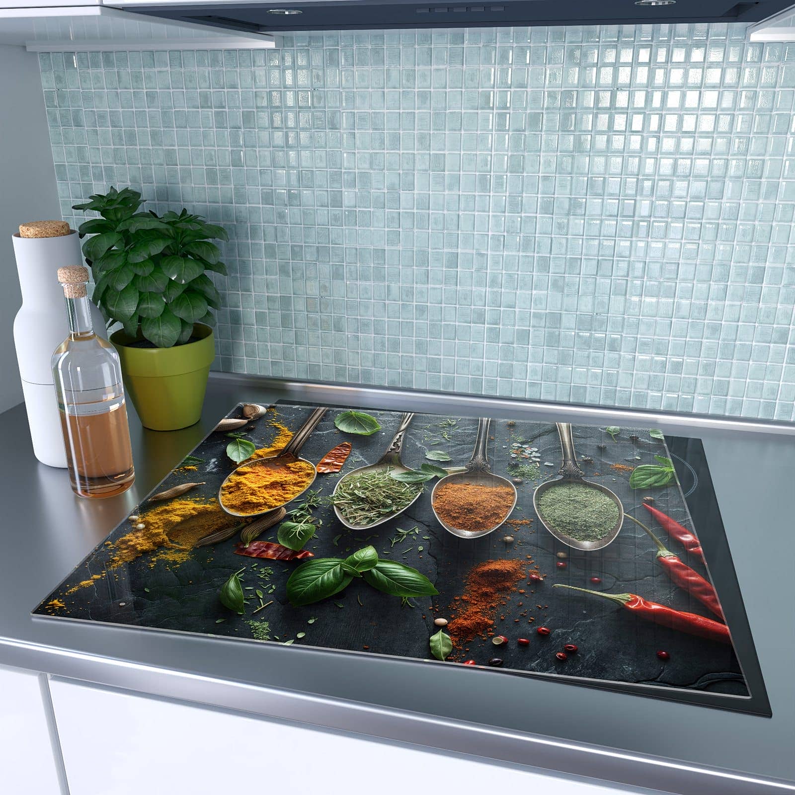 1-teilige Glasplatte für Herd mit Kräuter Gewürze-Motiv auf dem Ceranfeld