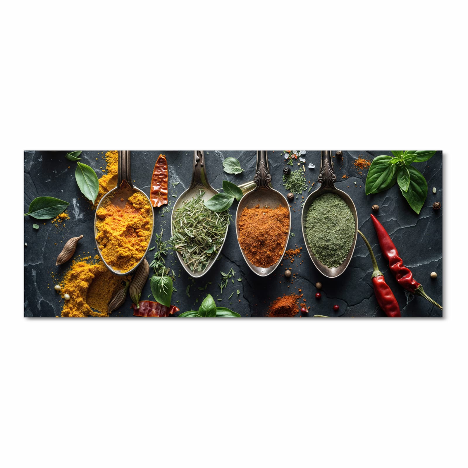 Farbbeständiger dünner Küchenteppich mit Motiv Kräuter Gewürze in Frontansicht, waschbar