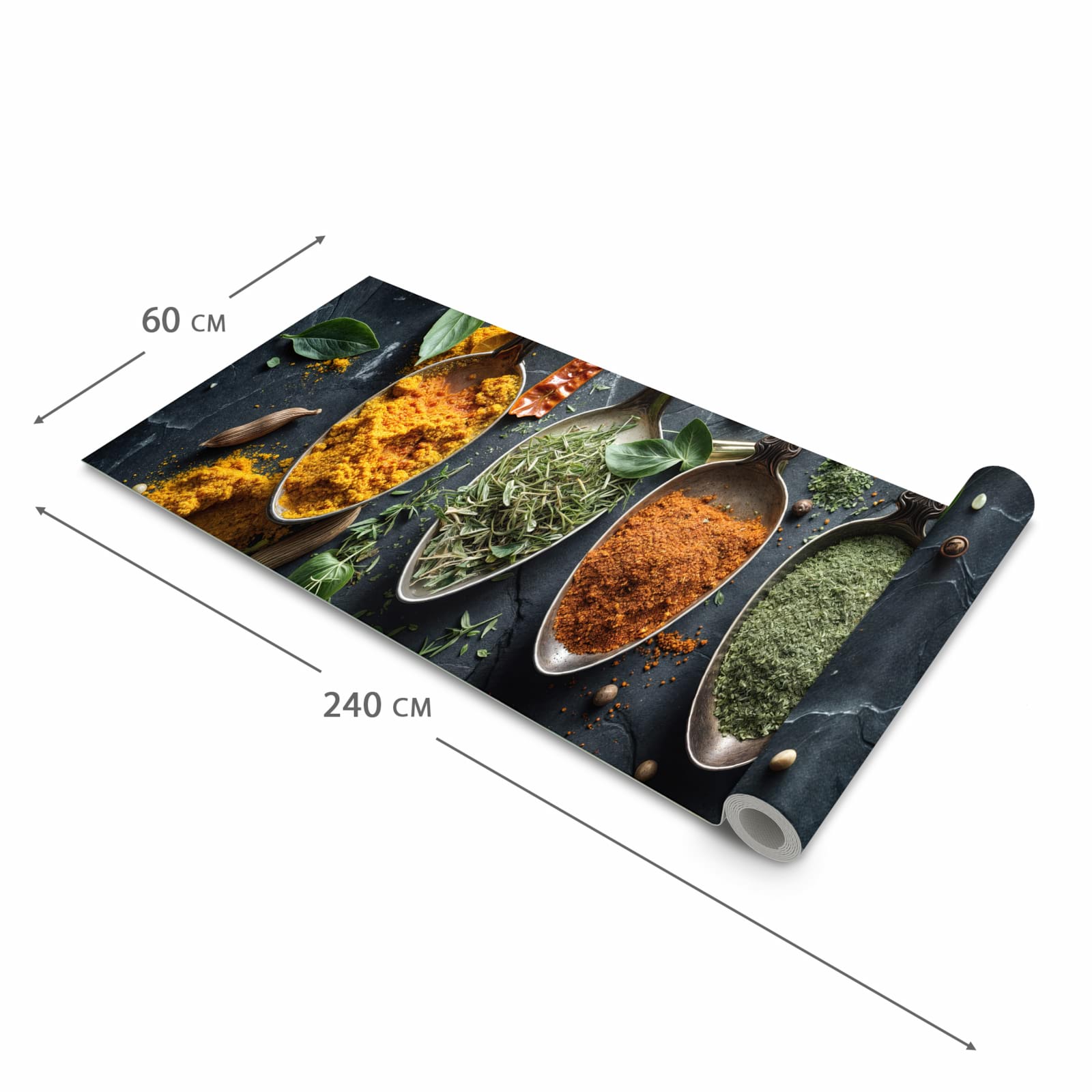 Waschbarer Küchenteppich mit Motiv Kräuter Gewürze in der Grösse 90x240 cm für Ordnung