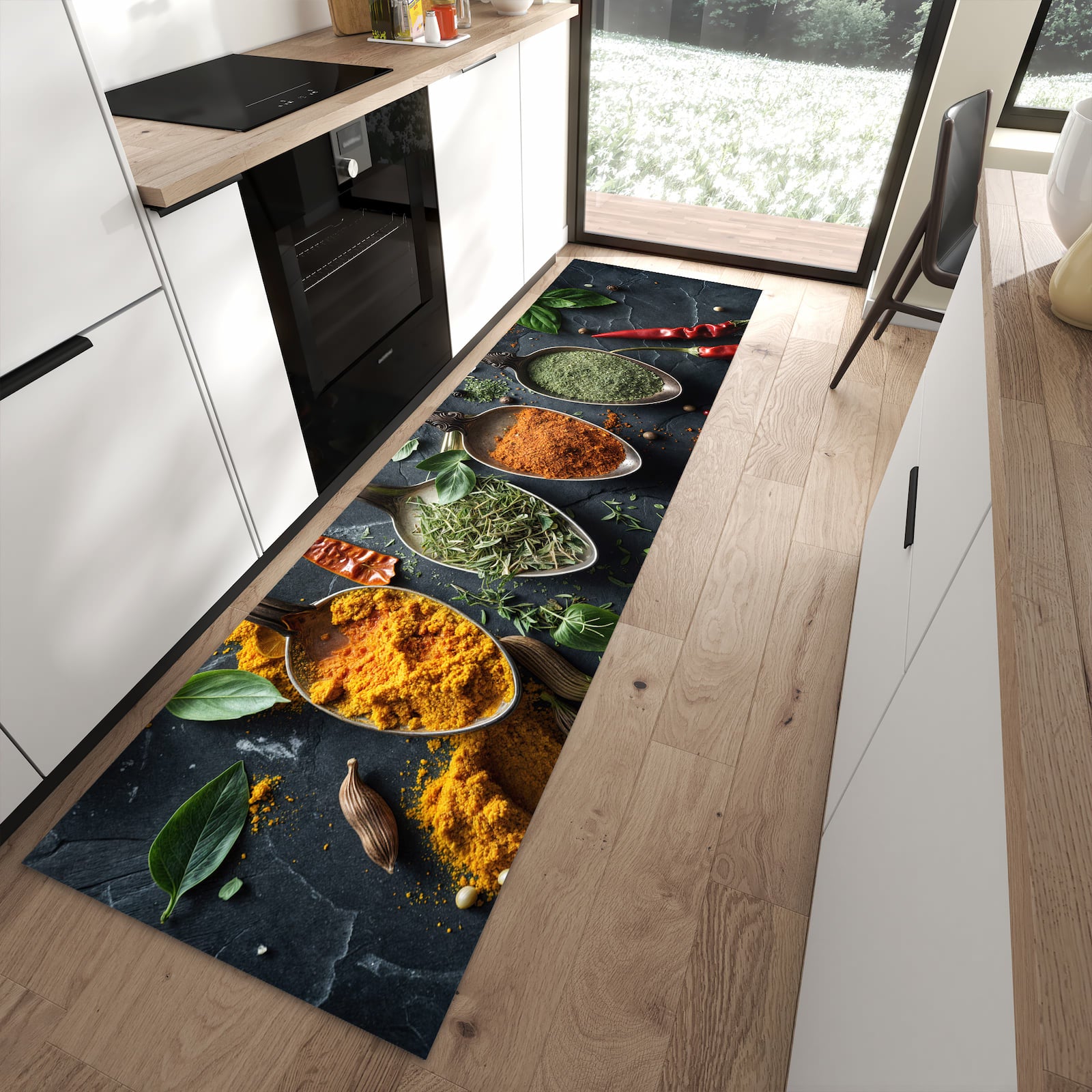 Hygienischer Küchenteppich mit Motiv Kräuter Gewürze in moderner Küche