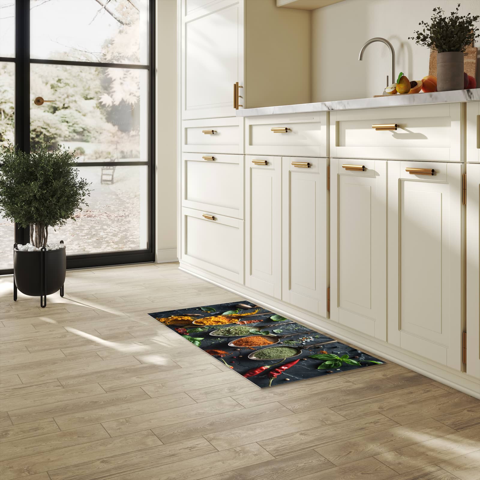 Abriebfester Küchenteppich mit Motiv Kräuter Gewürze in heller Küche