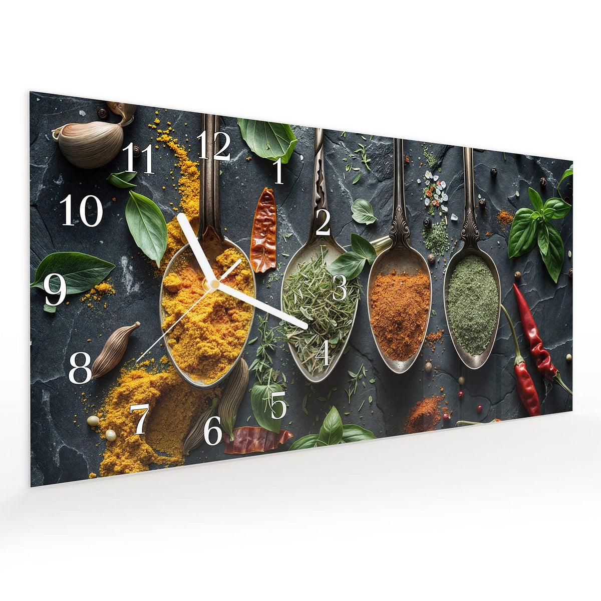 Vormontiert – mit Schwebeeffekt – Wanduhr Kräuter Gewürze aus Glas – Querformat 60 × 30 cm