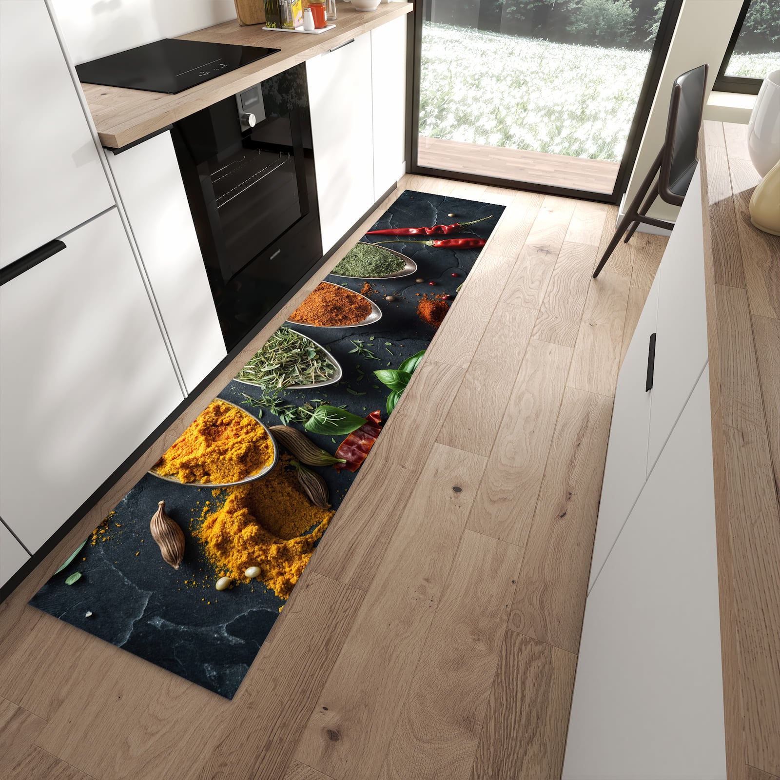 Pflegeleichter Küchenteppich mit Motiv Kräuter Gewürze in moderner Küche