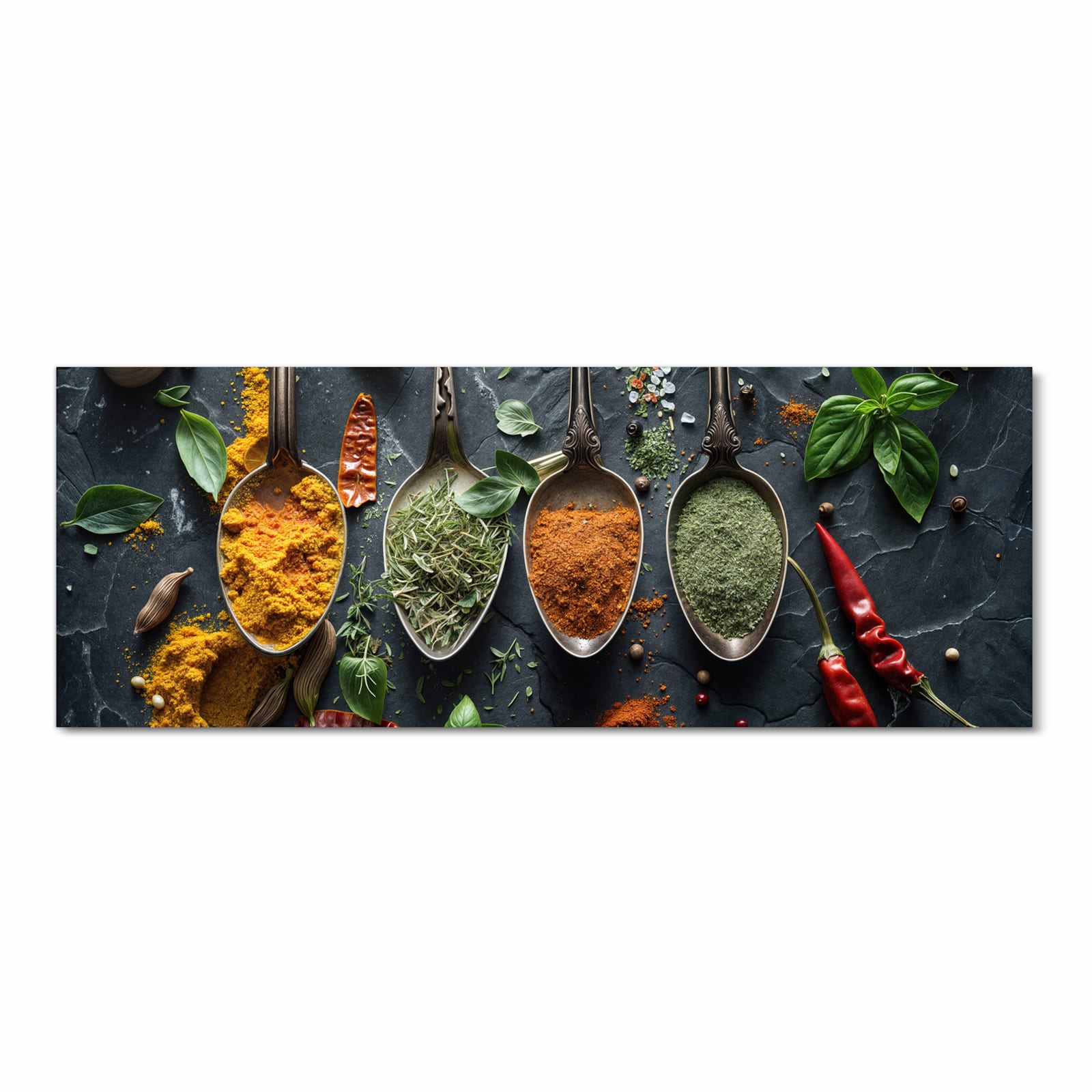 Fleckenresistenter rutschfester Küchenteppich mit Motiv Kräuter Gewürze in Frontansicht